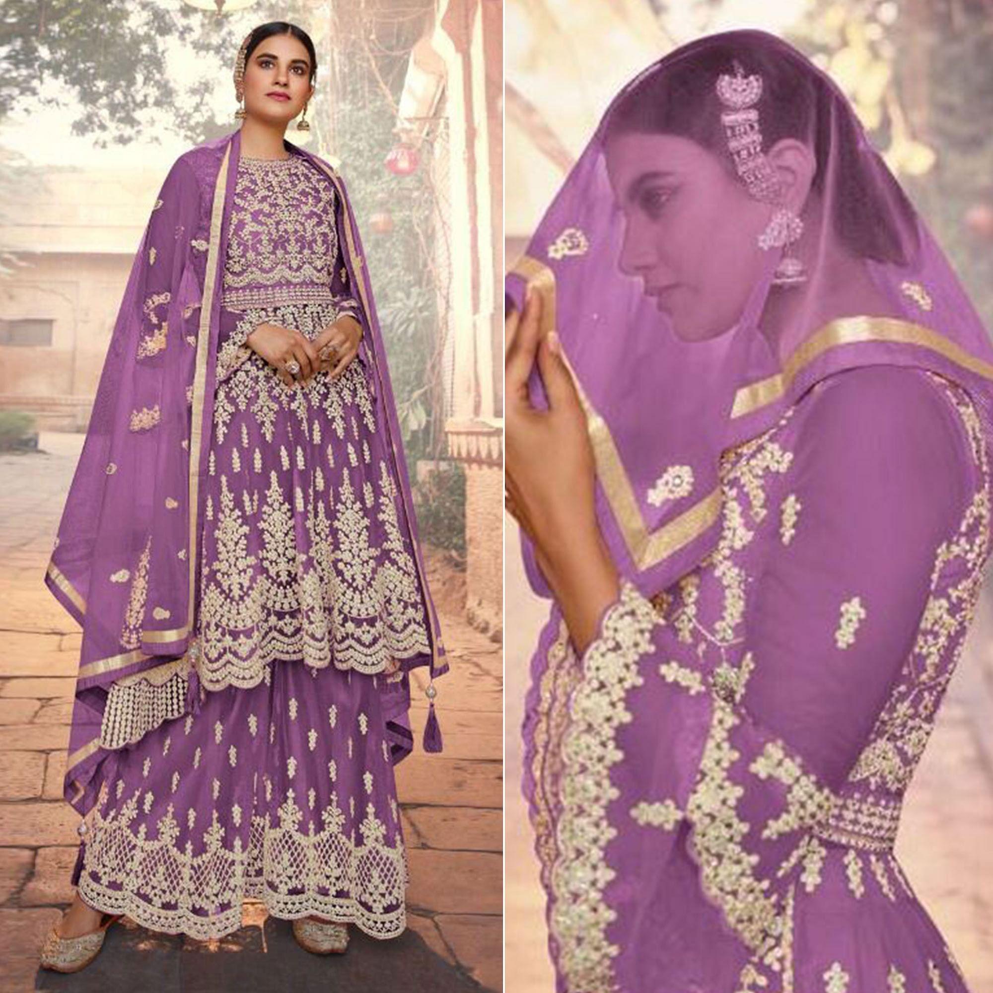 Purple Embroidered Netted Sharara Suit - Peachmode