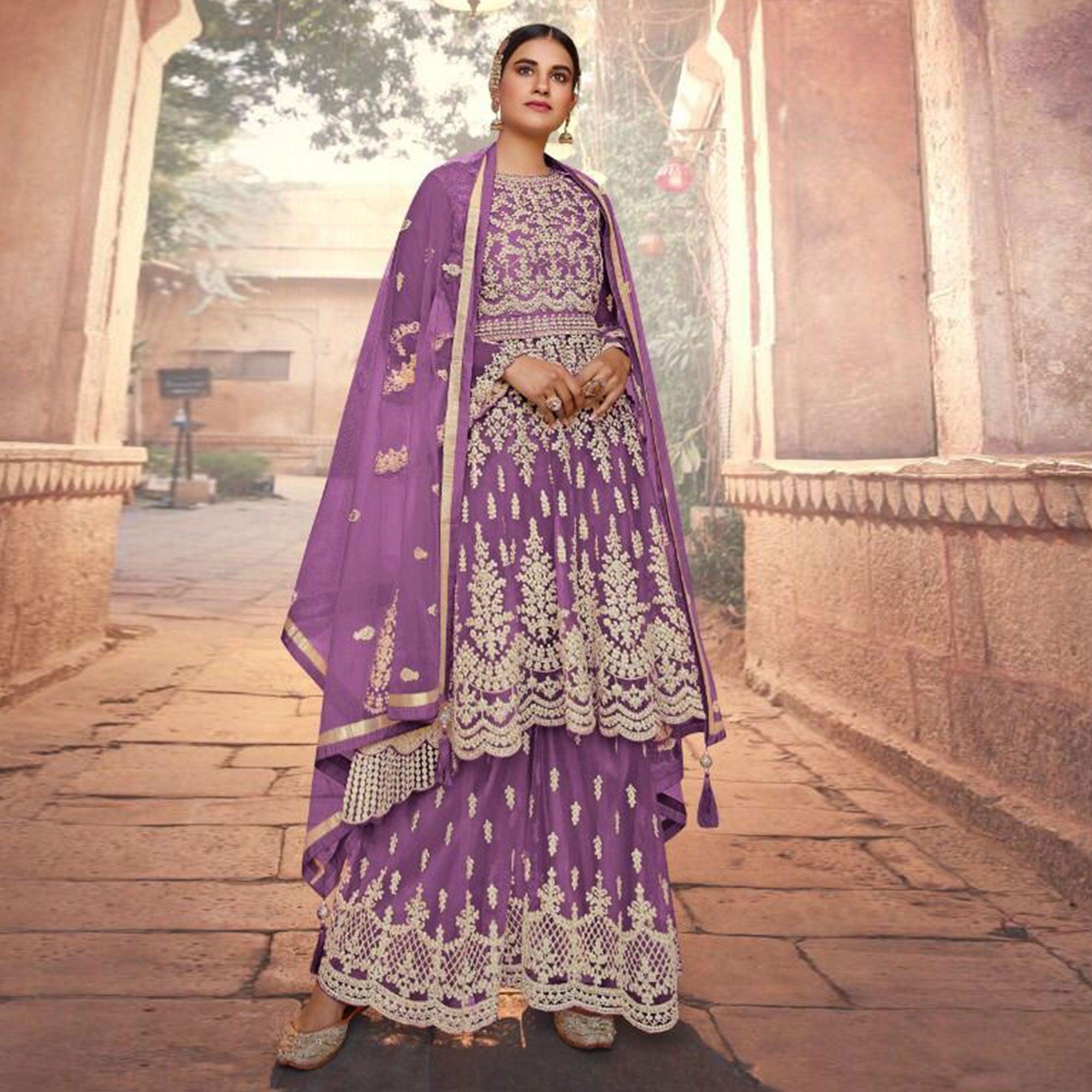 Purple Embroidered Netted Sharara Suit - Peachmode