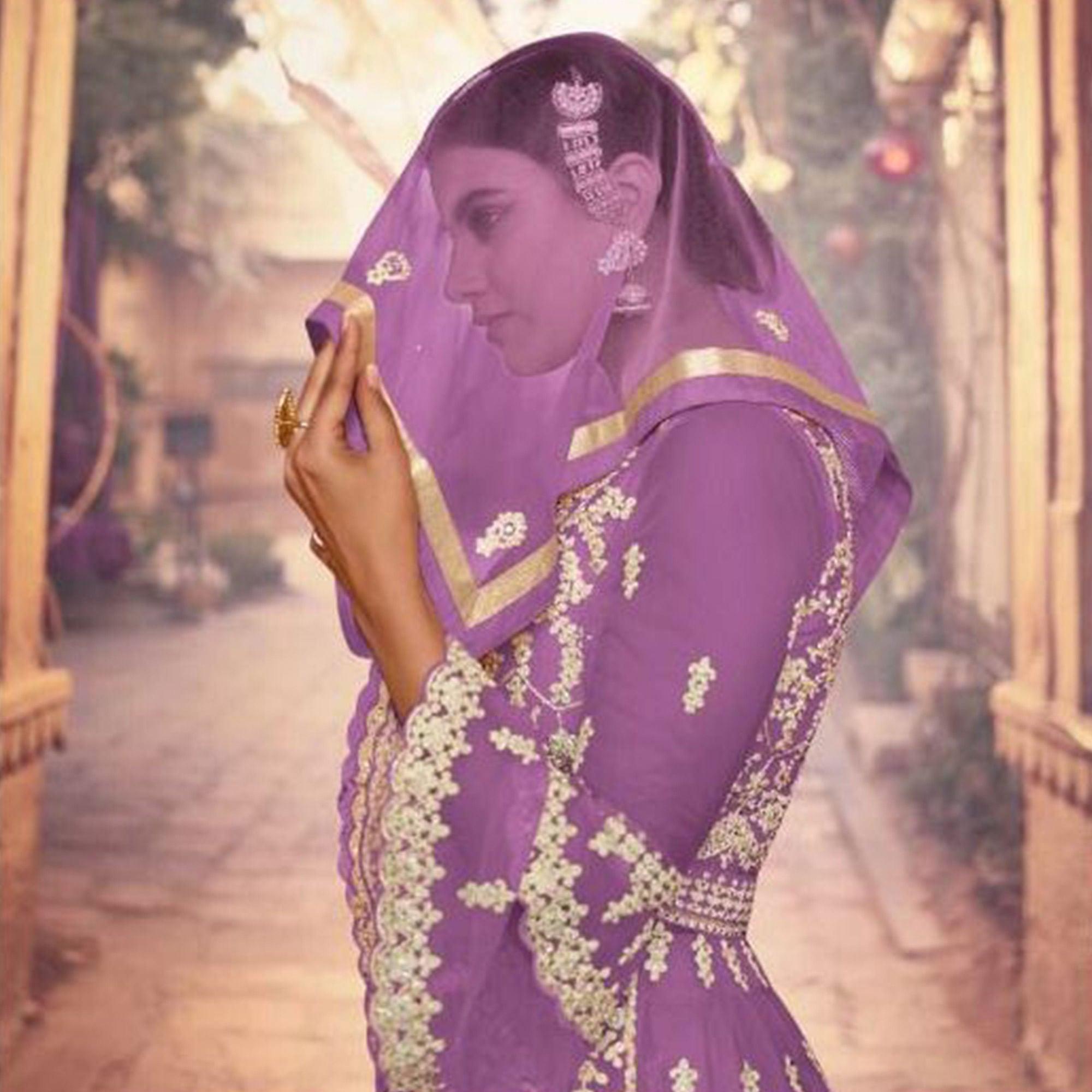 Purple Embroidered Netted Sharara Suit - Peachmode