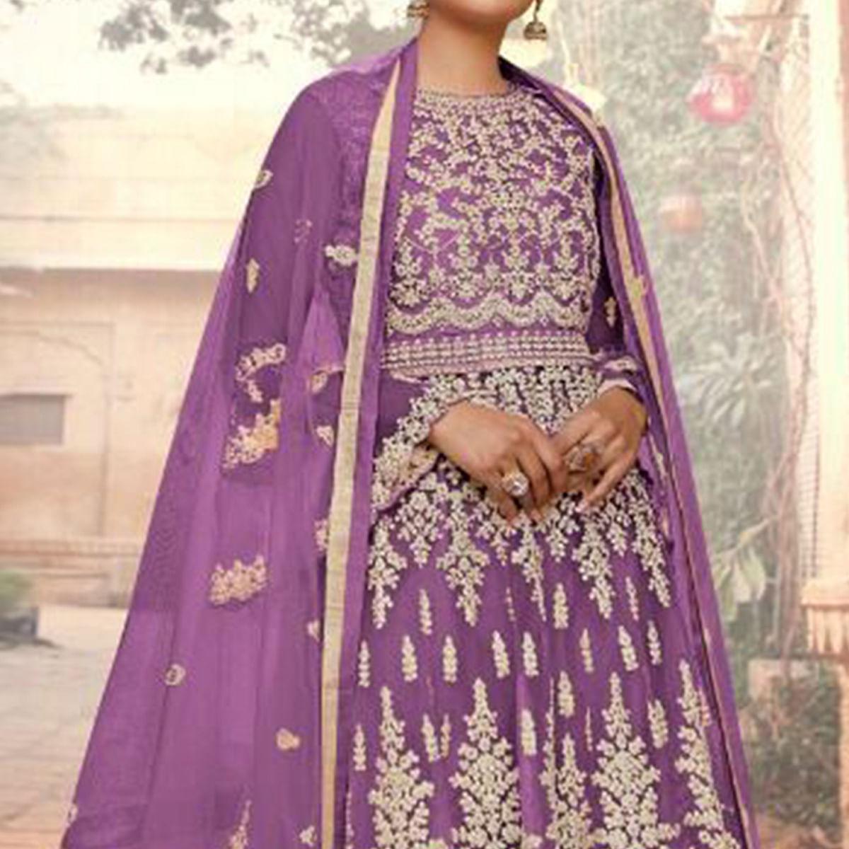 Purple Embroidered Netted Sharara Suit - Peachmode