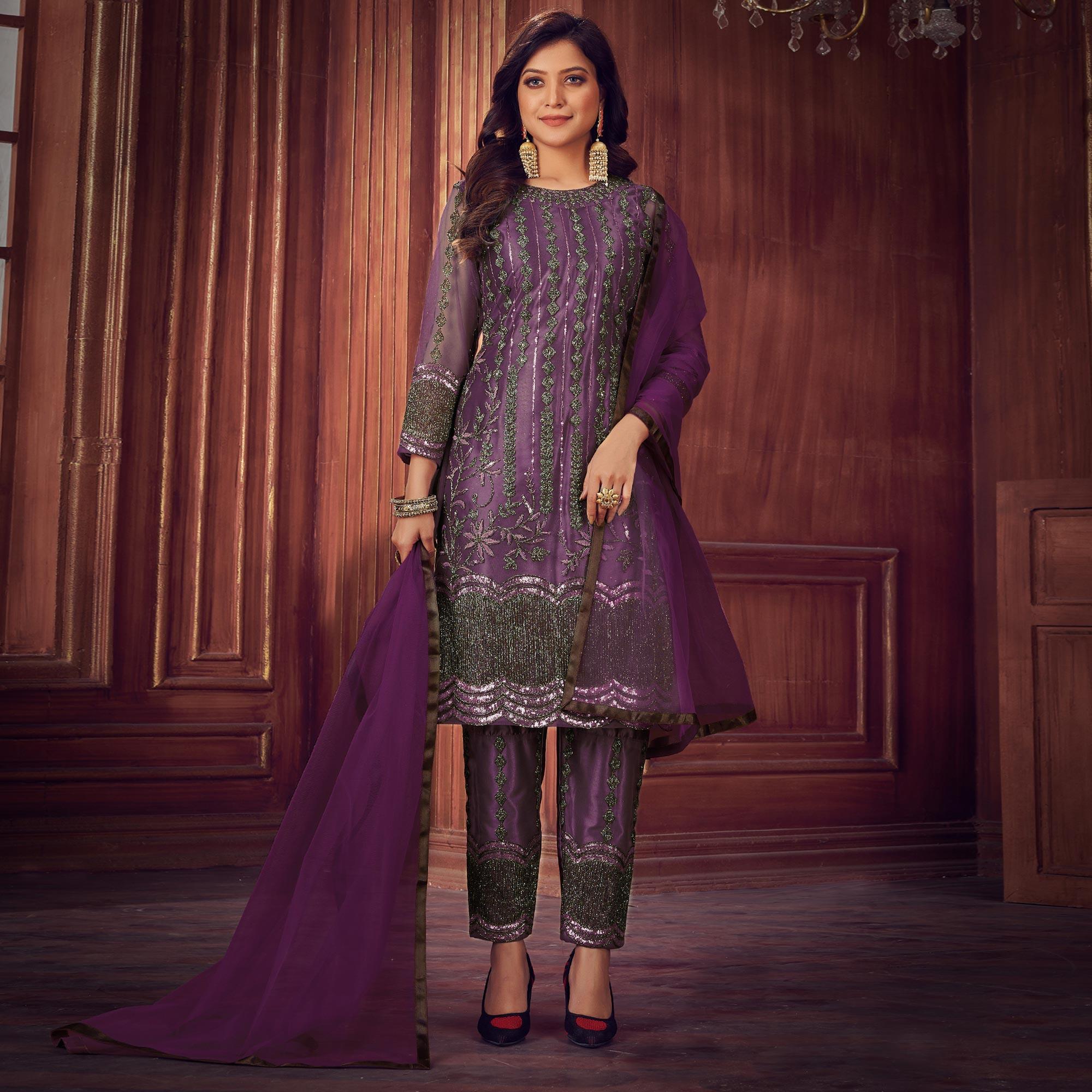 Purple Embroidered Netted Suit - Peachmode