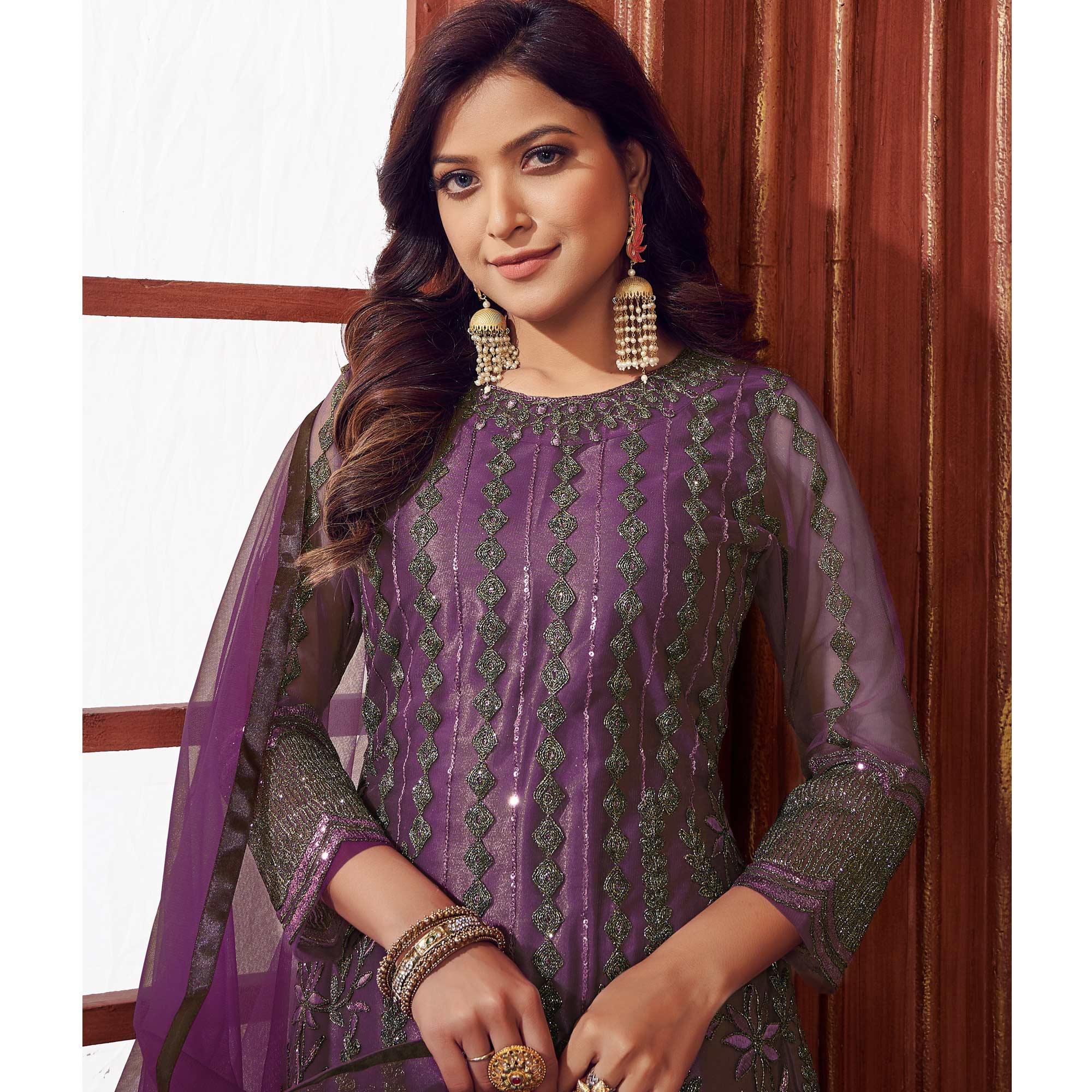 Purple Embroidered Netted Suit - Peachmode