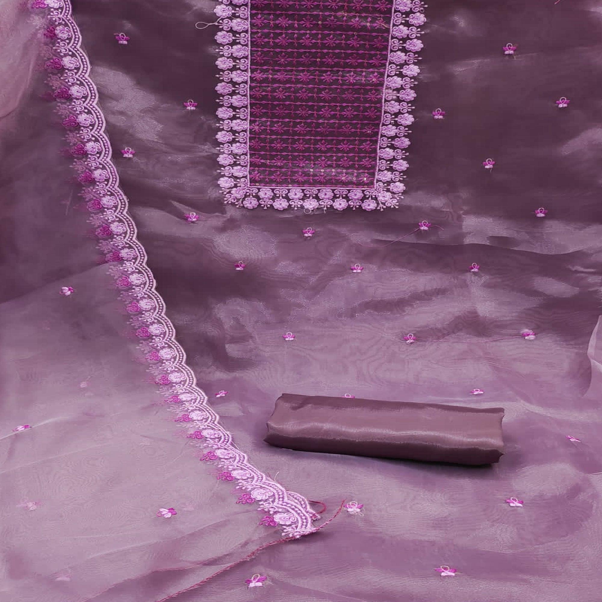 Purple Embroidered Organza Dress Material - Peachmode