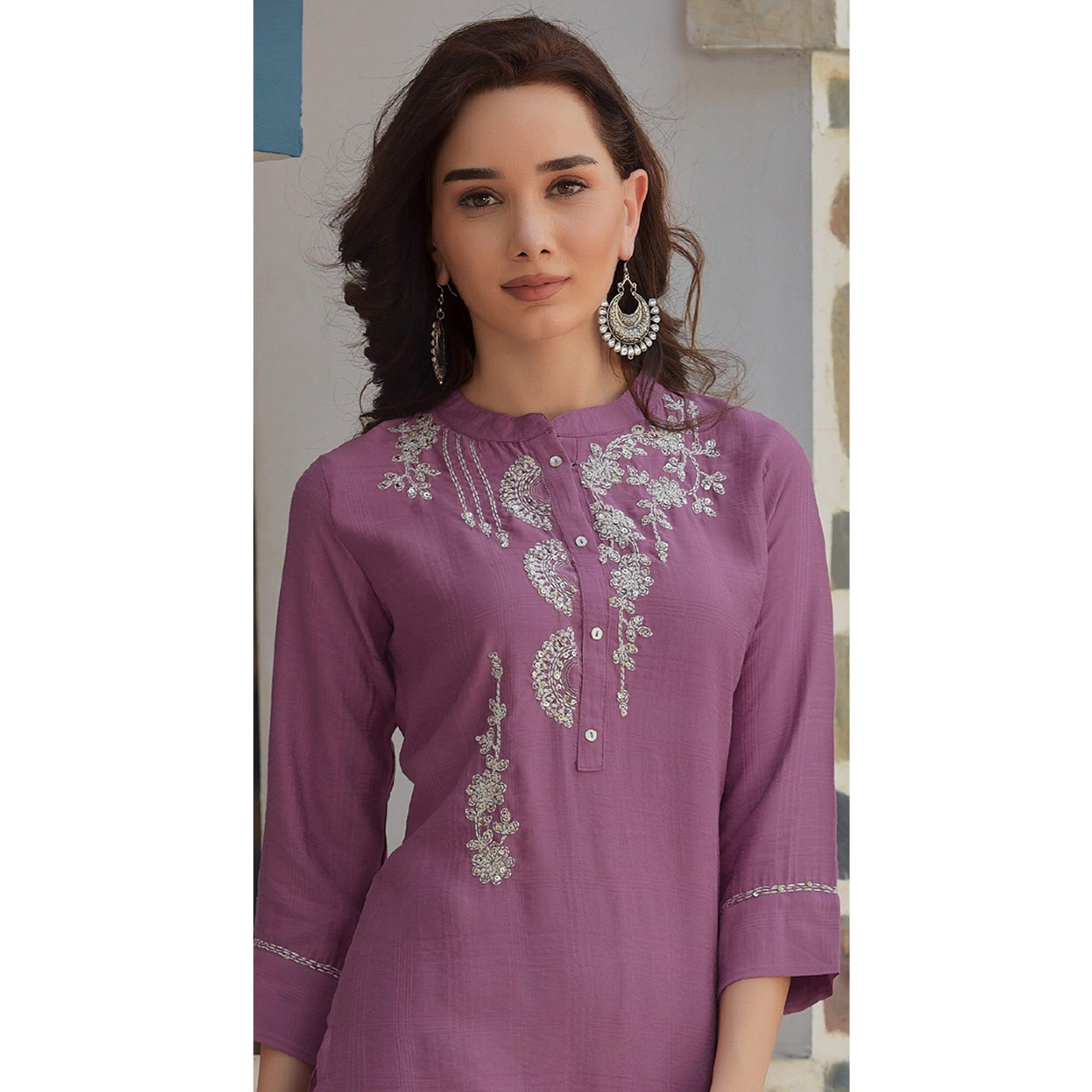 Purple Embroidered Poly Cotton Kurti - Peachmode