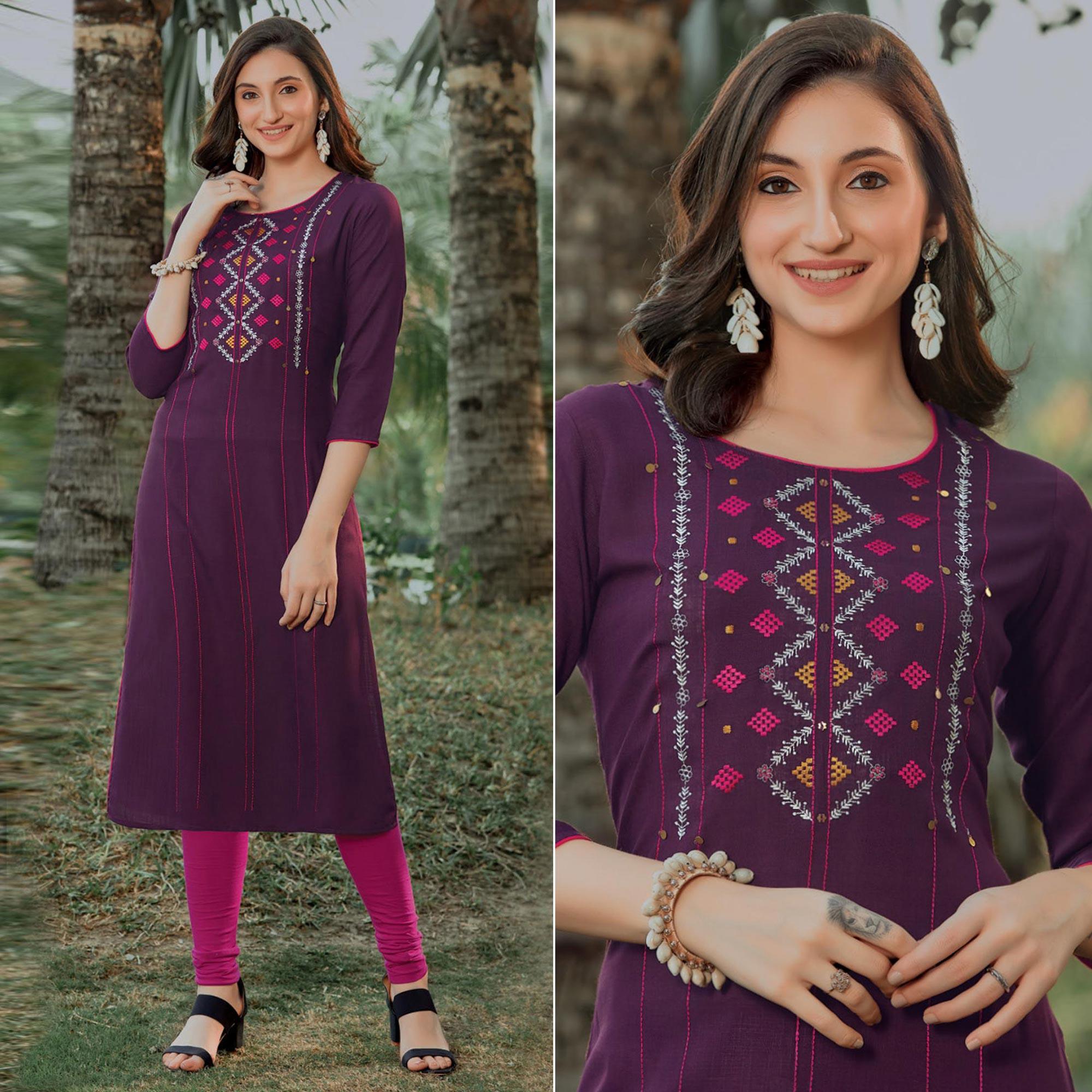 Purple Embroidered Pure Cotton Kurti - Peachmode