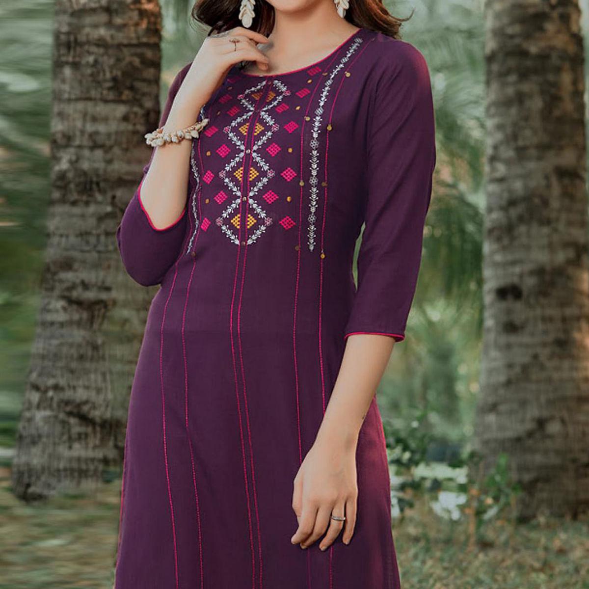 Purple Embroidered Pure Cotton Kurti - Peachmode