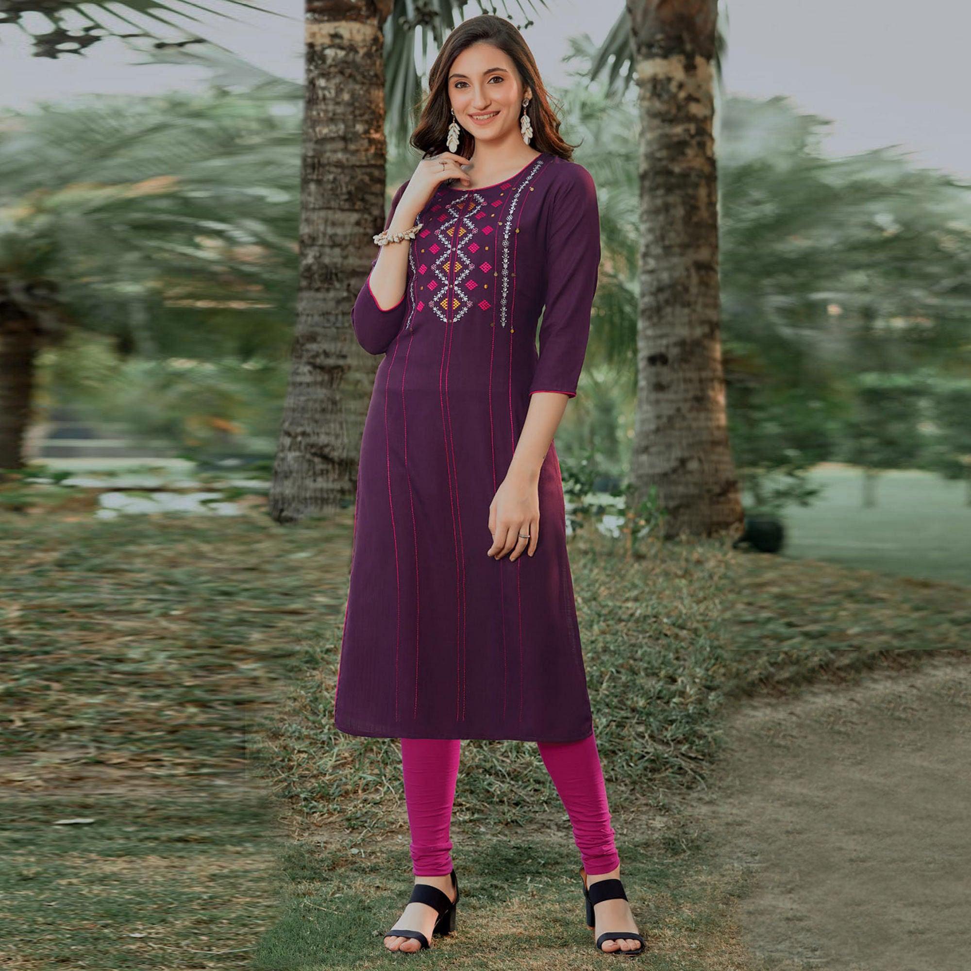 Purple Embroidered Pure Cotton Kurti - Peachmode