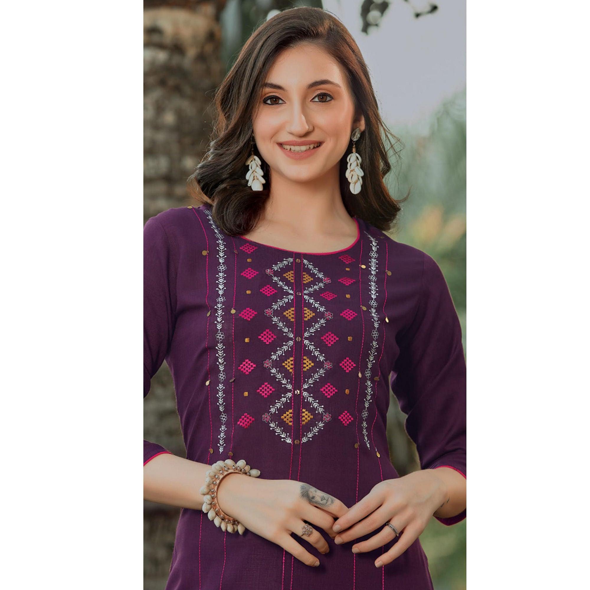 Purple Embroidered Pure Cotton Kurti - Peachmode