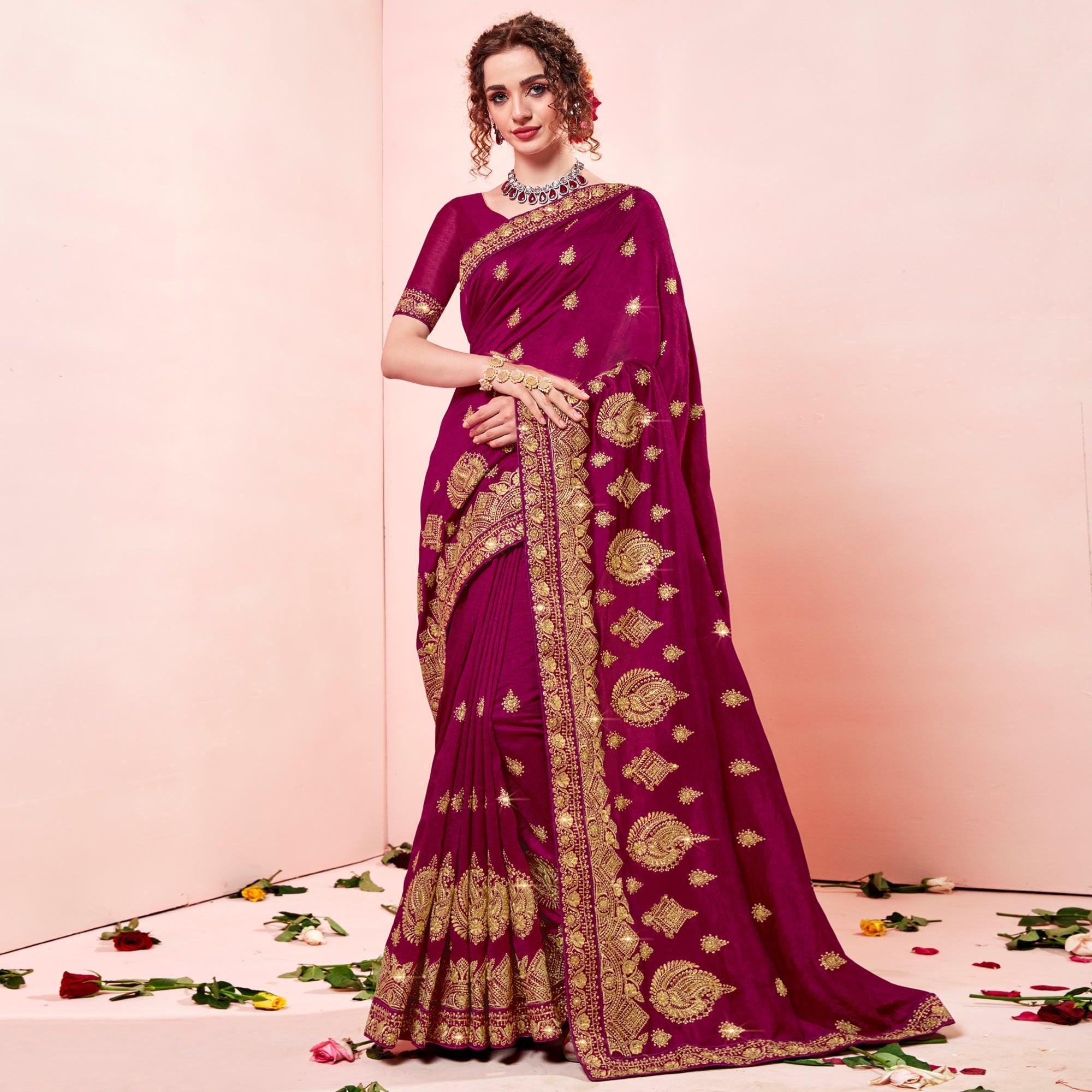 Purple Embroidered Vichitra Silk Saree - Peachmode