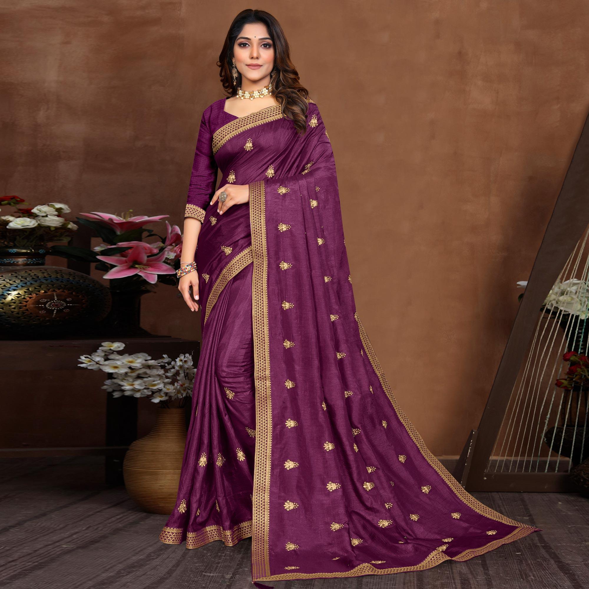 Purple Embroidered Vichitra Silk Saree - Peachmode