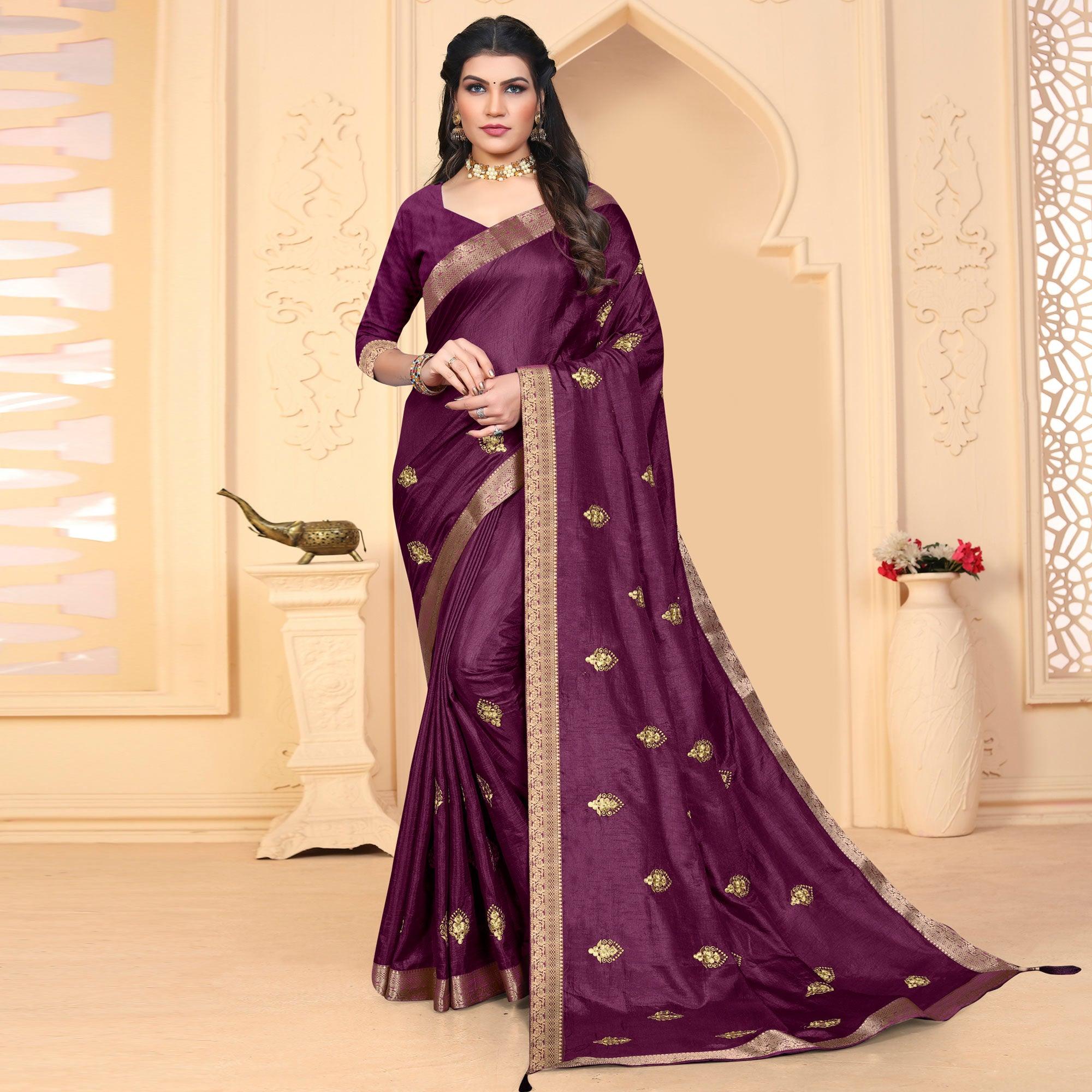 Purple Embroidered Vichitra Silk Saree - Peachmode