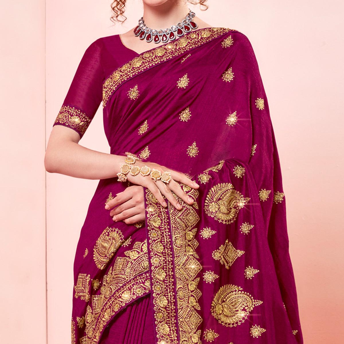 Purple Embroidered Vichitra Silk Saree - Peachmode