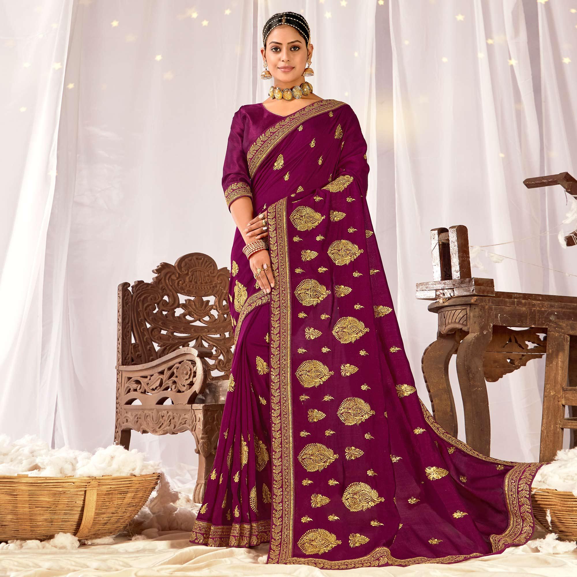 Purple Embroidered Vichitra Silk Saree - Peachmode