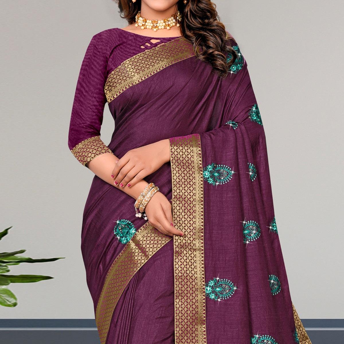Purple Embroidered Vichitra Silk Saree - Peachmode