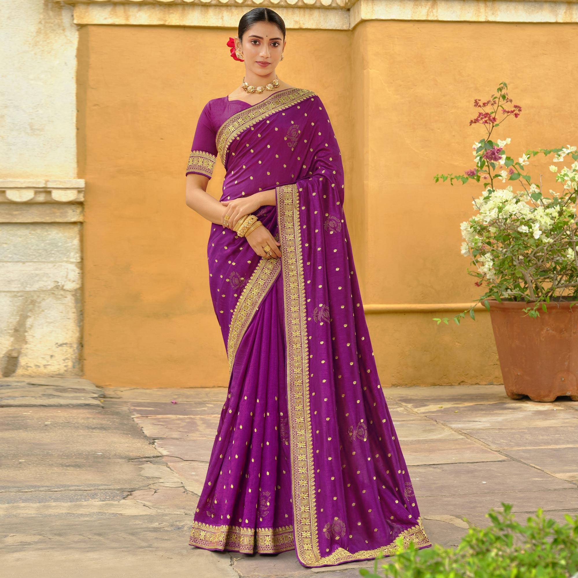 Purple  Embroidered Vichitra Silk Saree - Peachmode