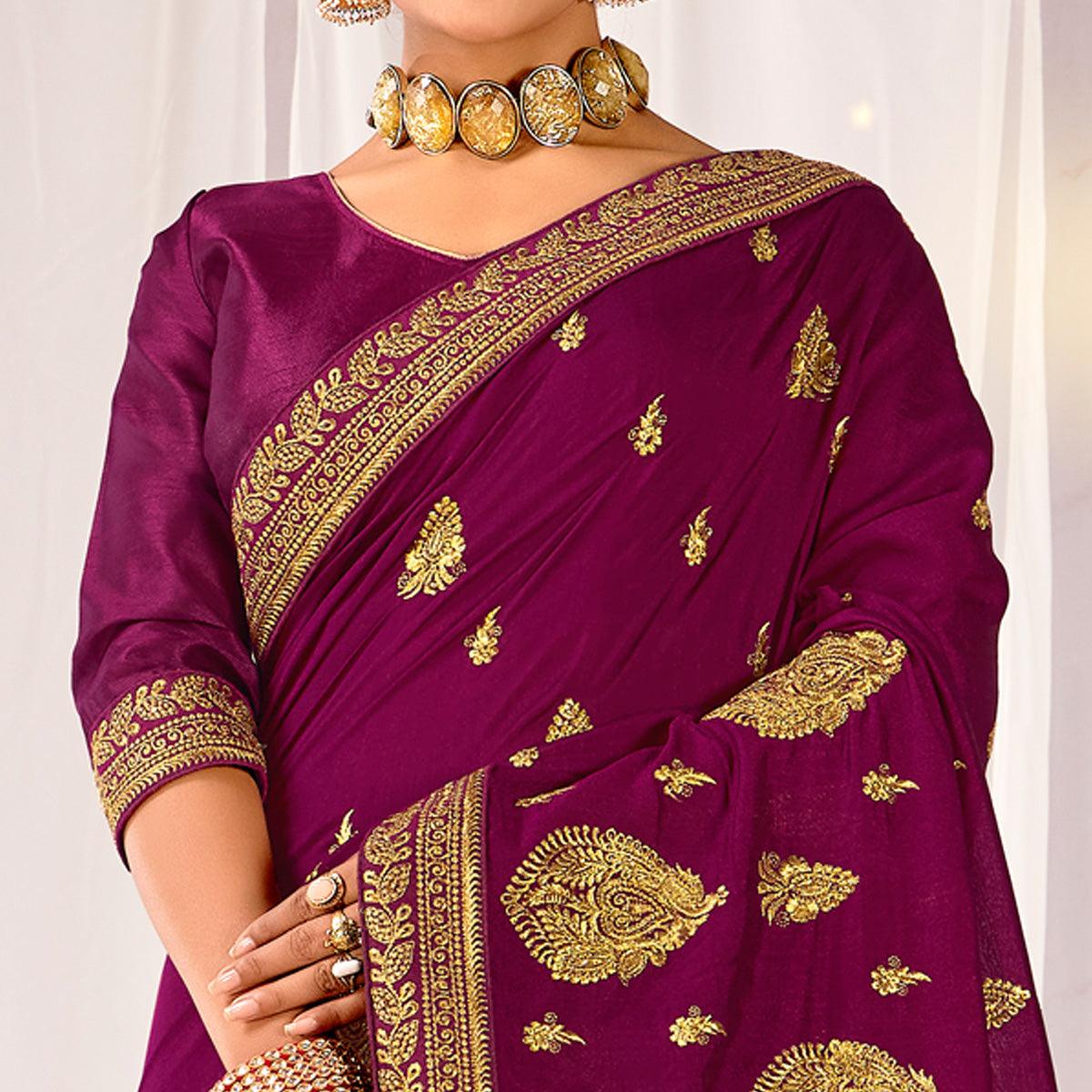 Purple Embroidered Vichitra Silk Saree - Peachmode