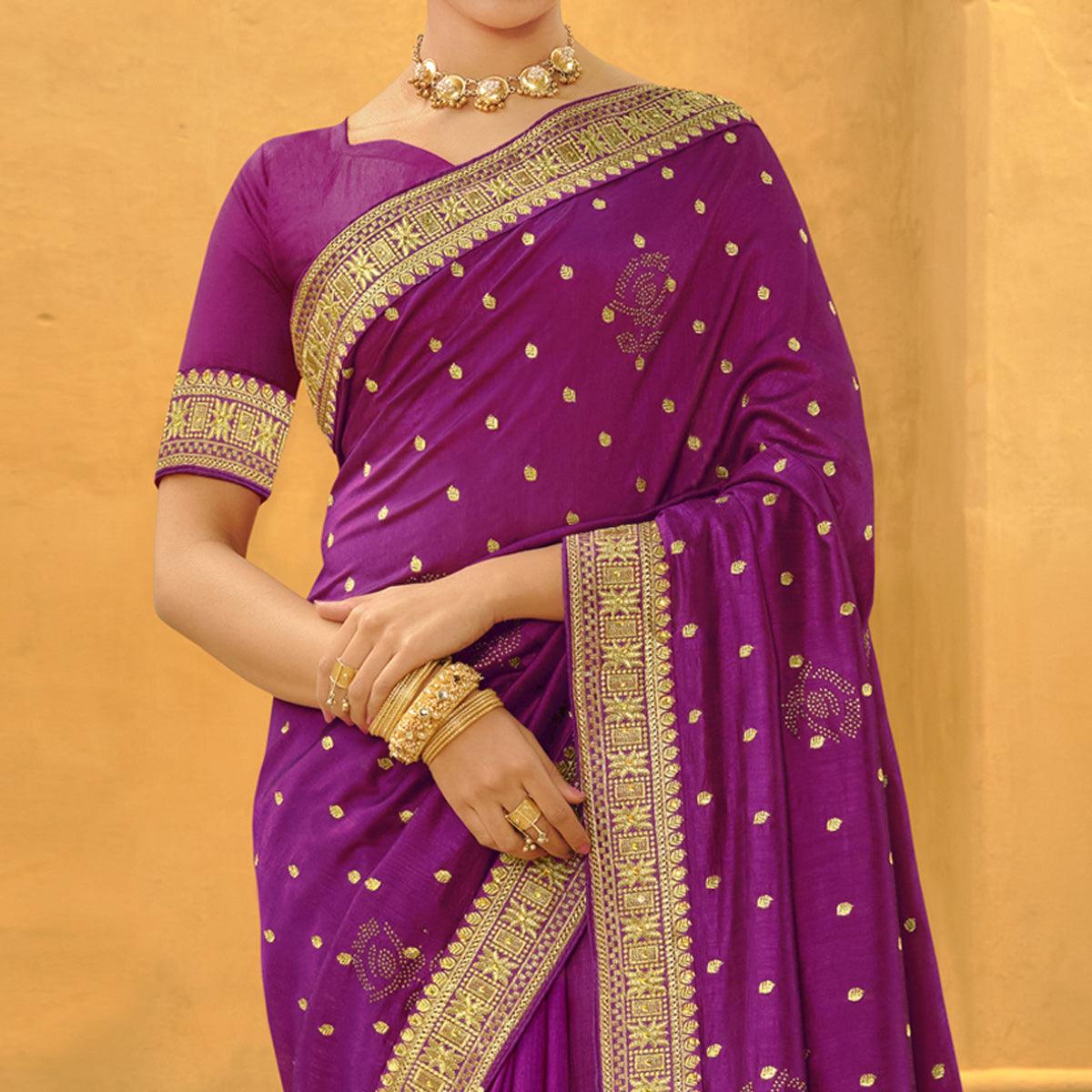 Purple  Embroidered Vichitra Silk Saree - Peachmode