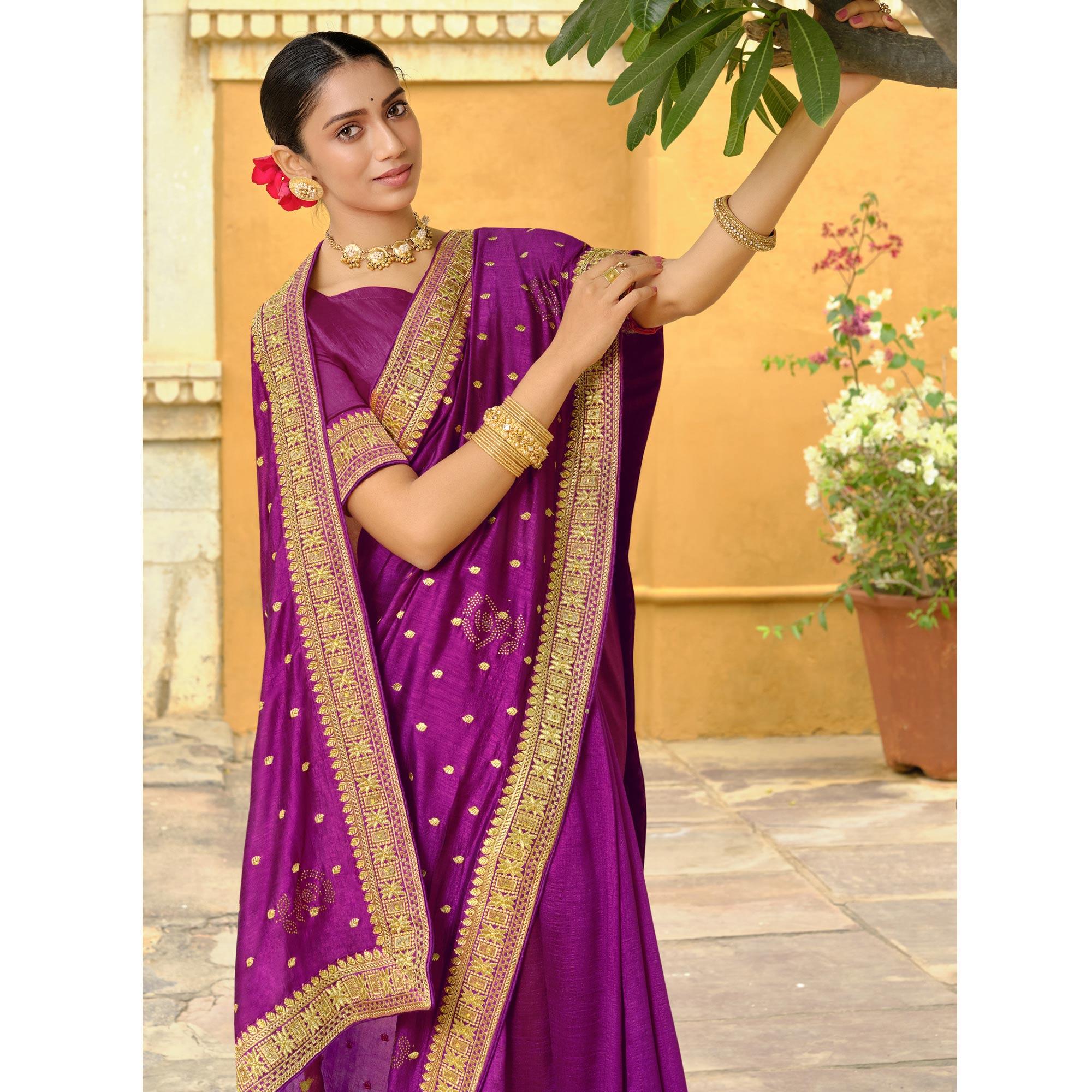 Purple  Embroidered Vichitra Silk Saree - Peachmode