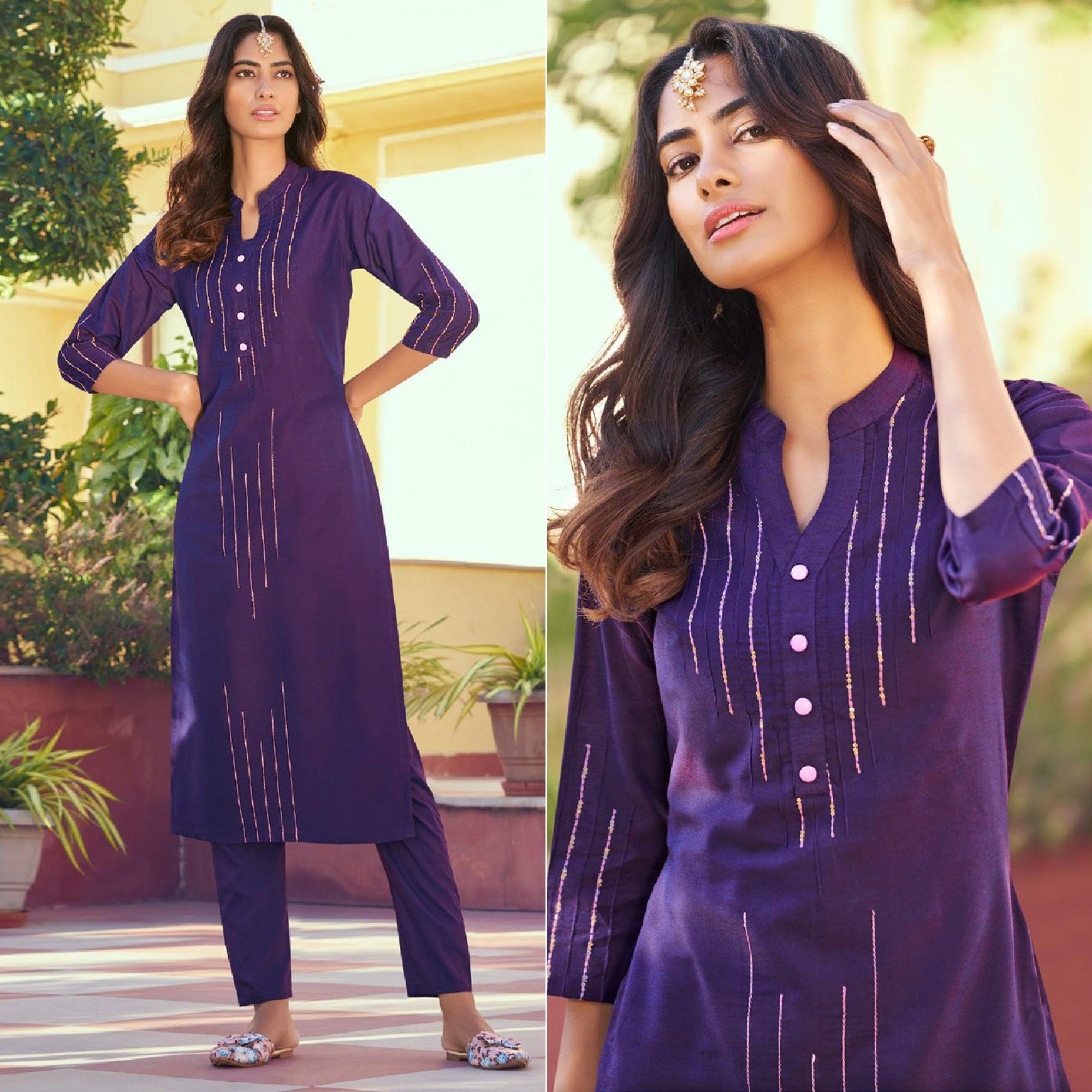 Purple Embroidered Viscose Kurti Pant Set - Peachmode