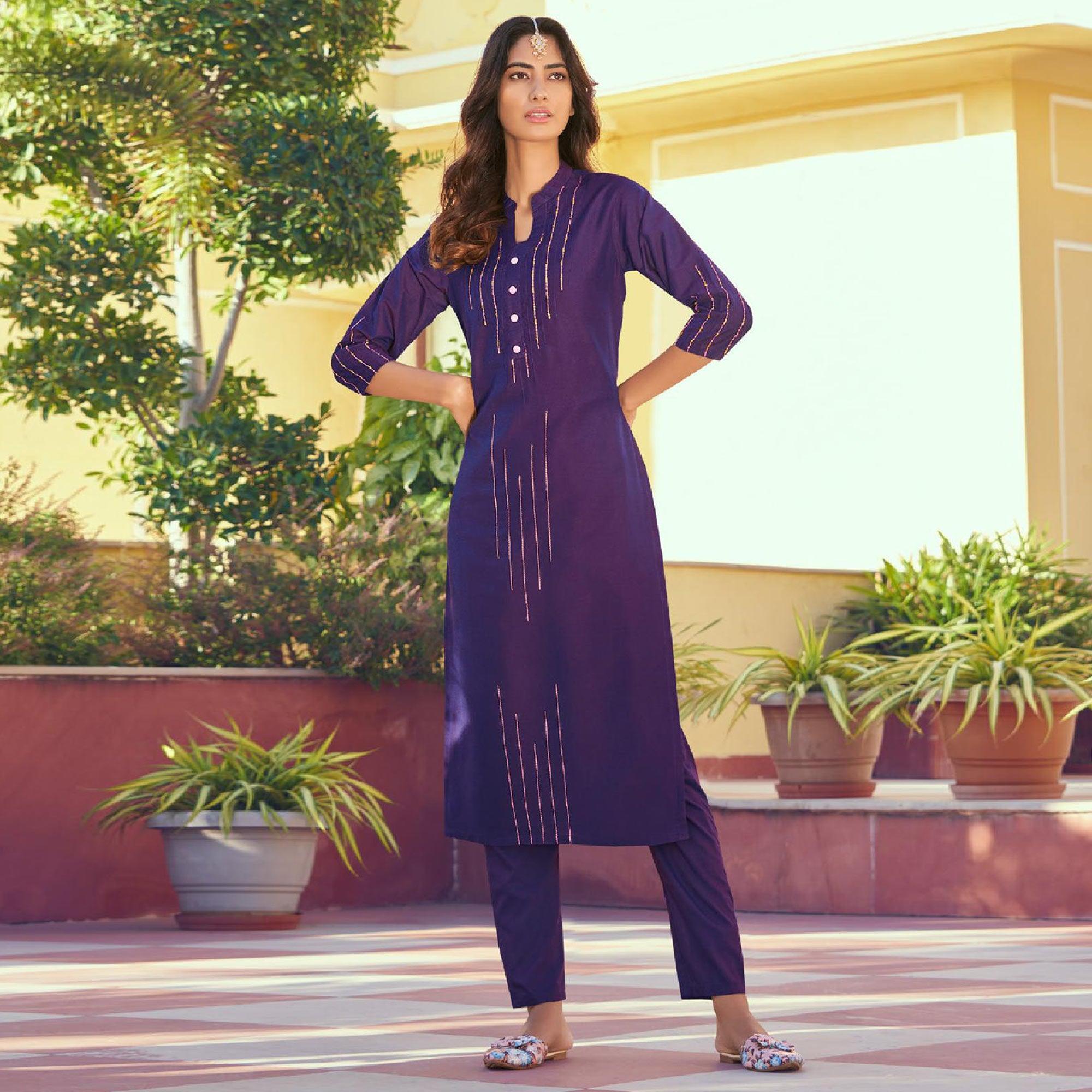 Purple Embroidered Viscose Kurti Pant Set - Peachmode