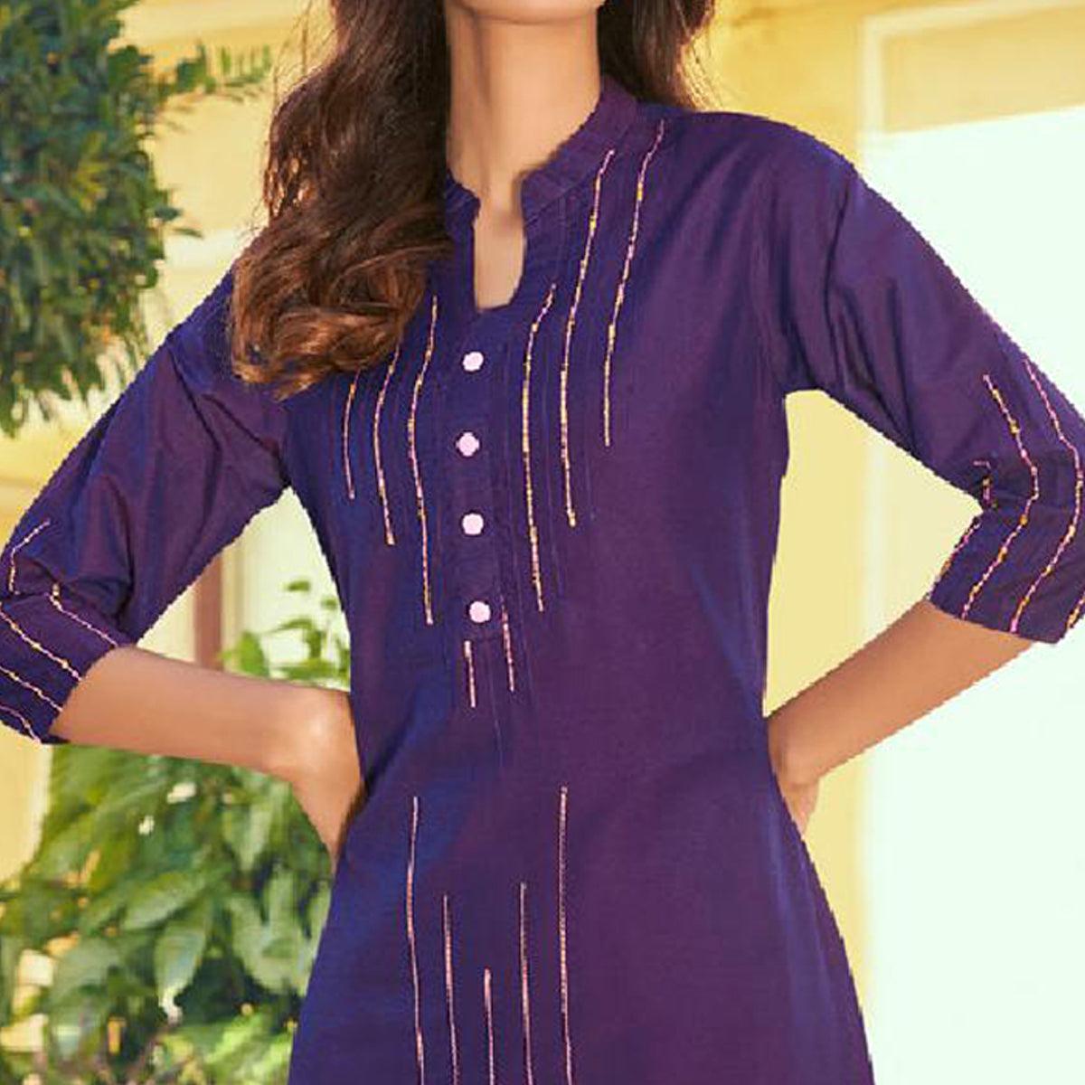 Purple Embroidered Viscose Kurti Pant Set - Peachmode