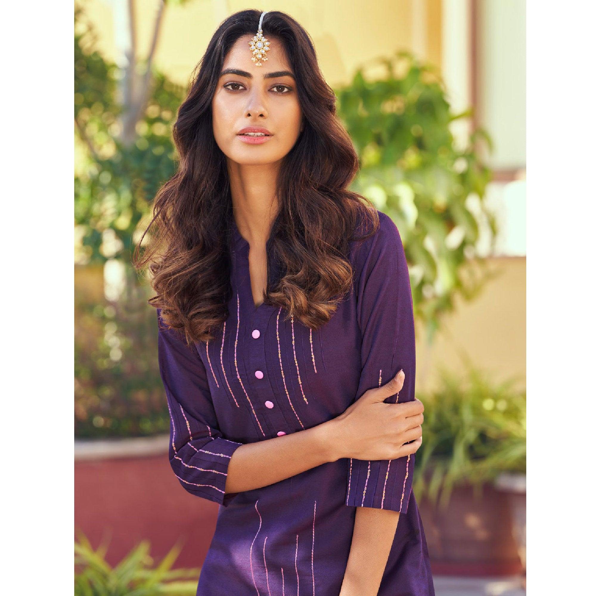 Purple Embroidered Viscose Kurti Pant Set - Peachmode