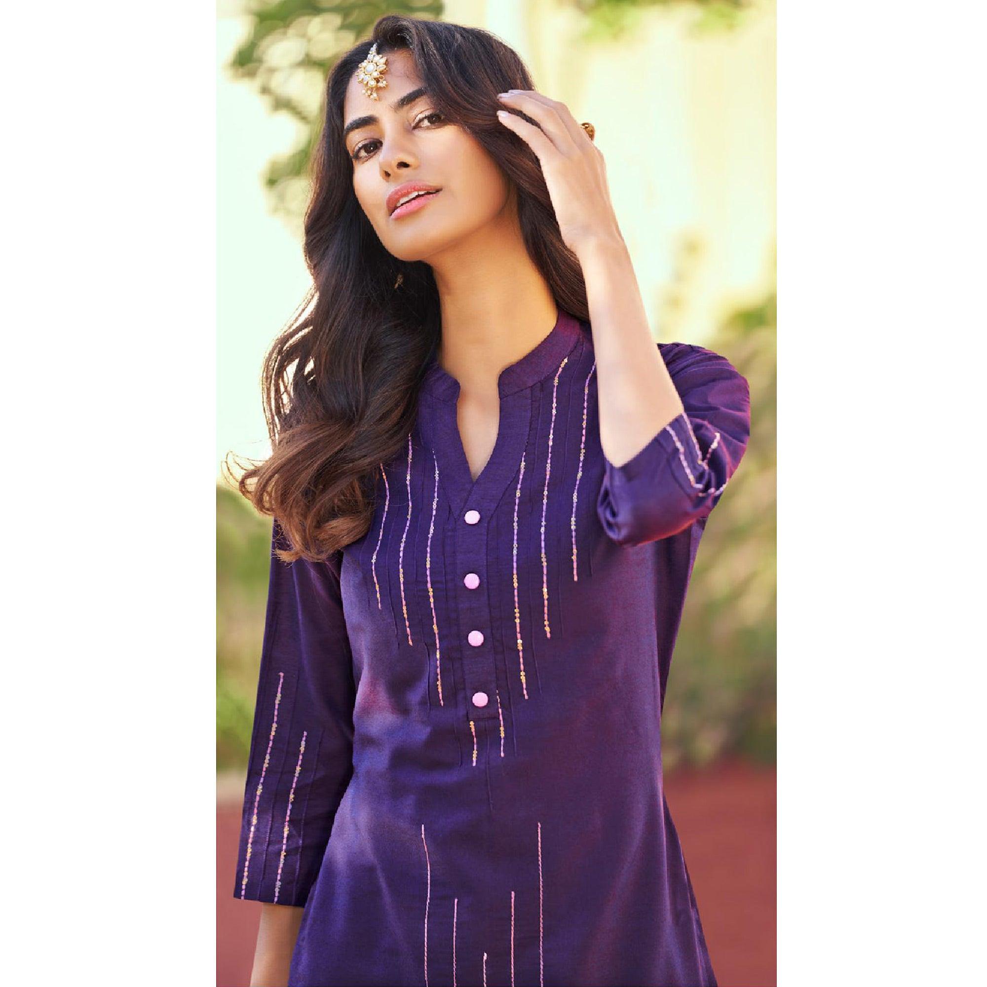 Purple Embroidered Viscose Kurti Pant Set - Peachmode