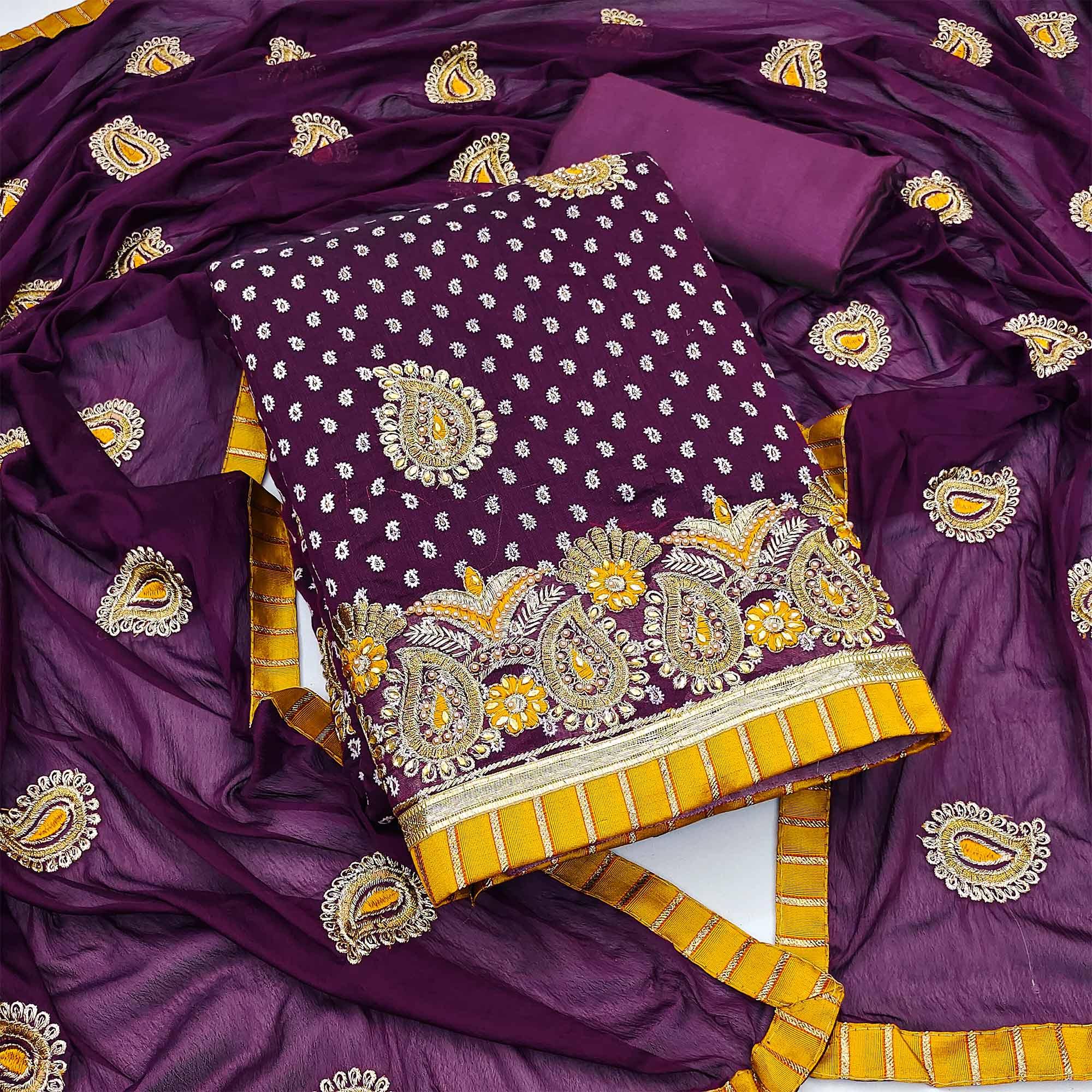 Purple Embroidered With Embellished Chanderi Dress Material - Peachmode