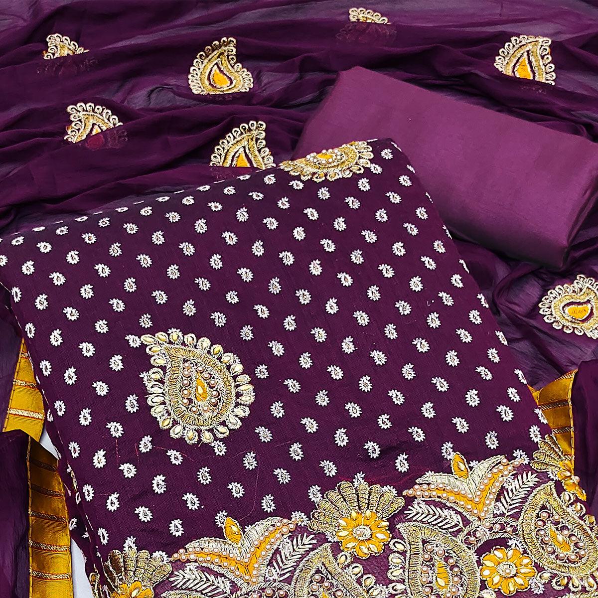 Purple Embroidered With Embellished Chanderi Dress Material - Peachmode