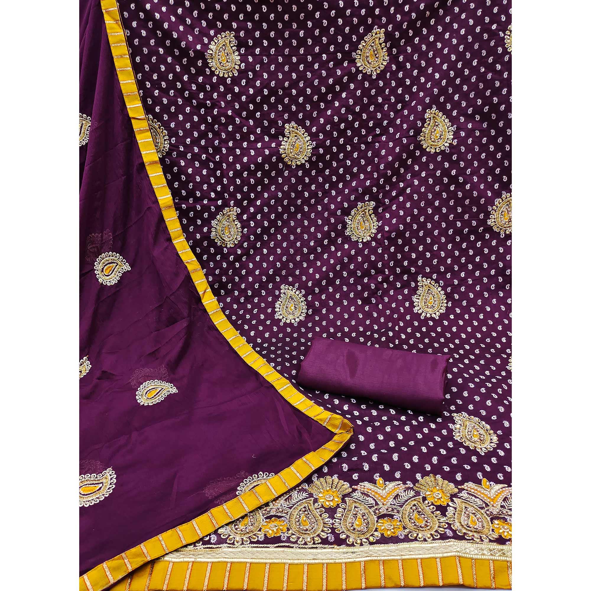 Purple Embroidered With Embellished Chanderi Dress Material - Peachmode