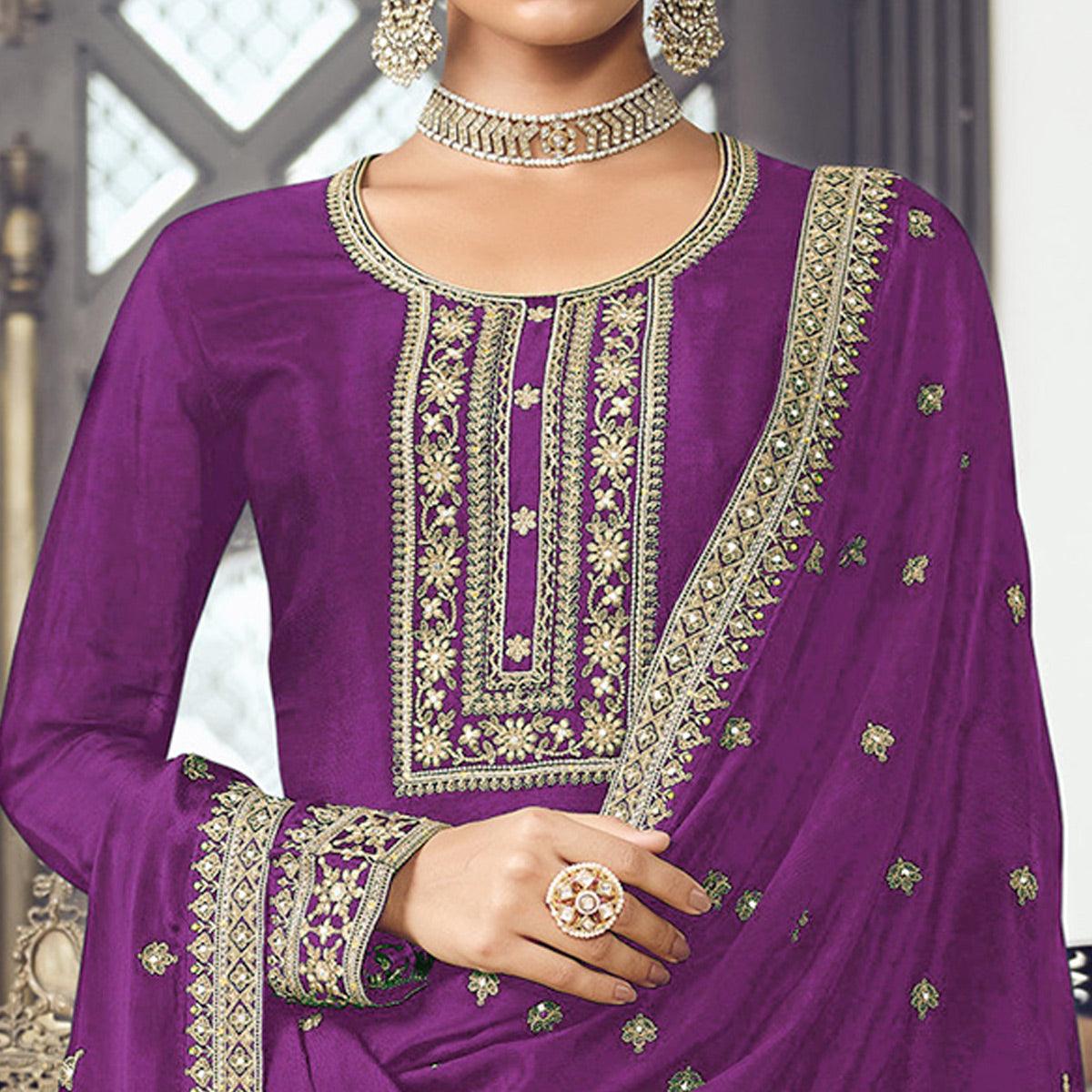 Purple Embroidered With Embellished Dola Silk Palazzo Suit - Peachmode