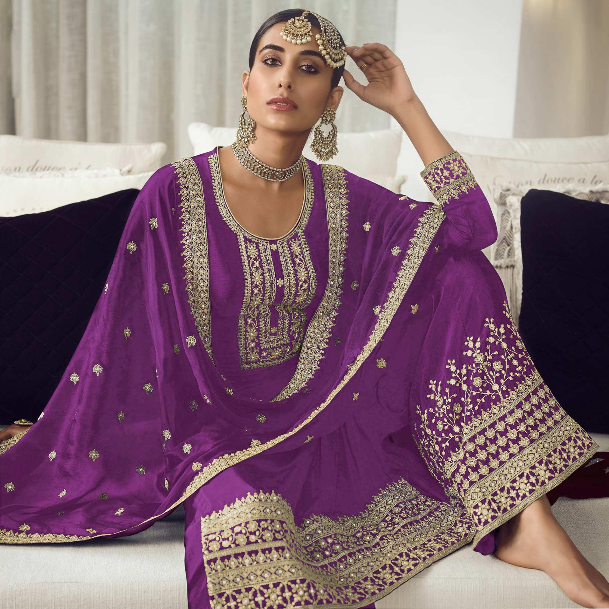 Purple Embroidered With Embellished Dola Silk Palazzo Suit - Peachmode