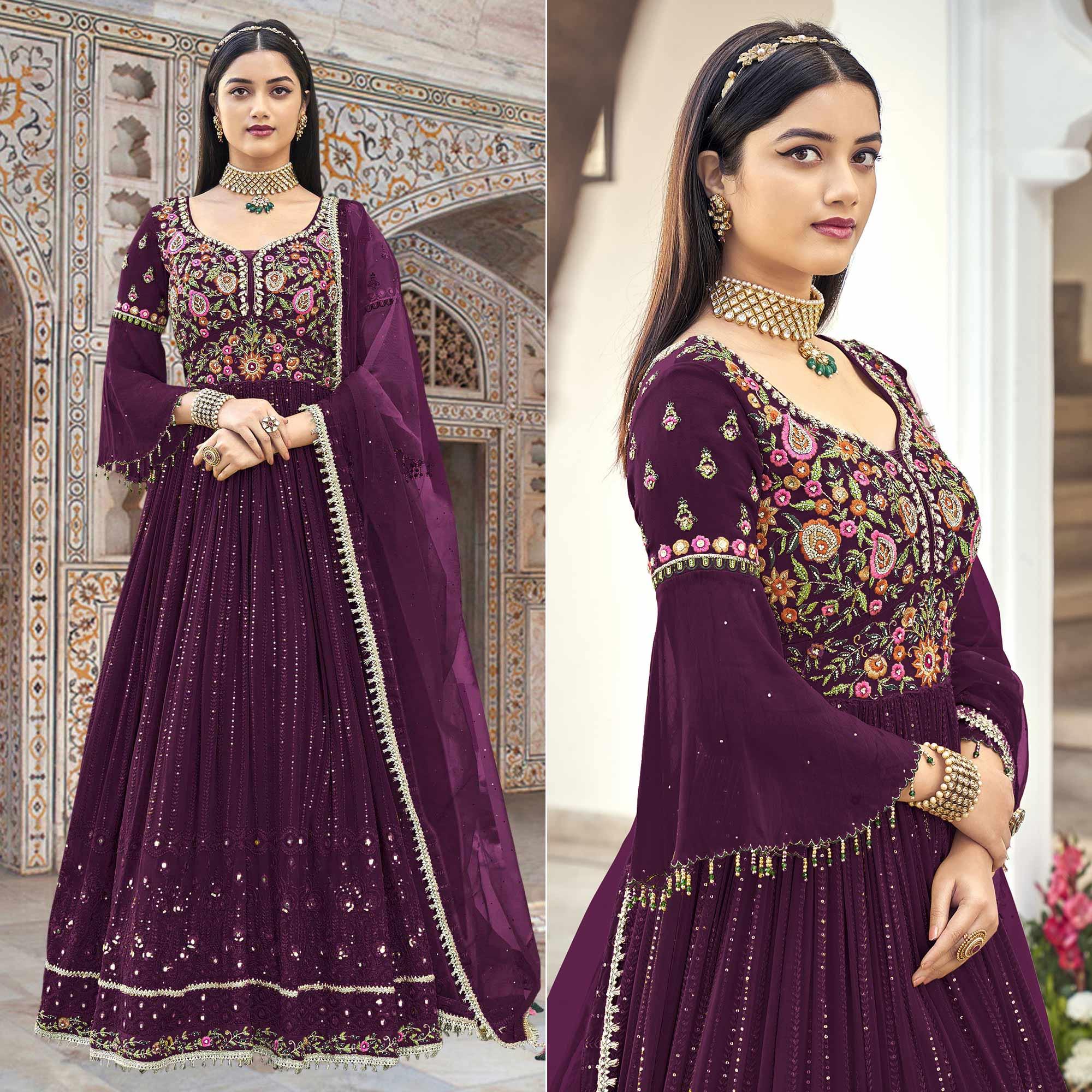 Purple Embroidered With Embellished Georgette Anarkali Style Gown - Peachmode