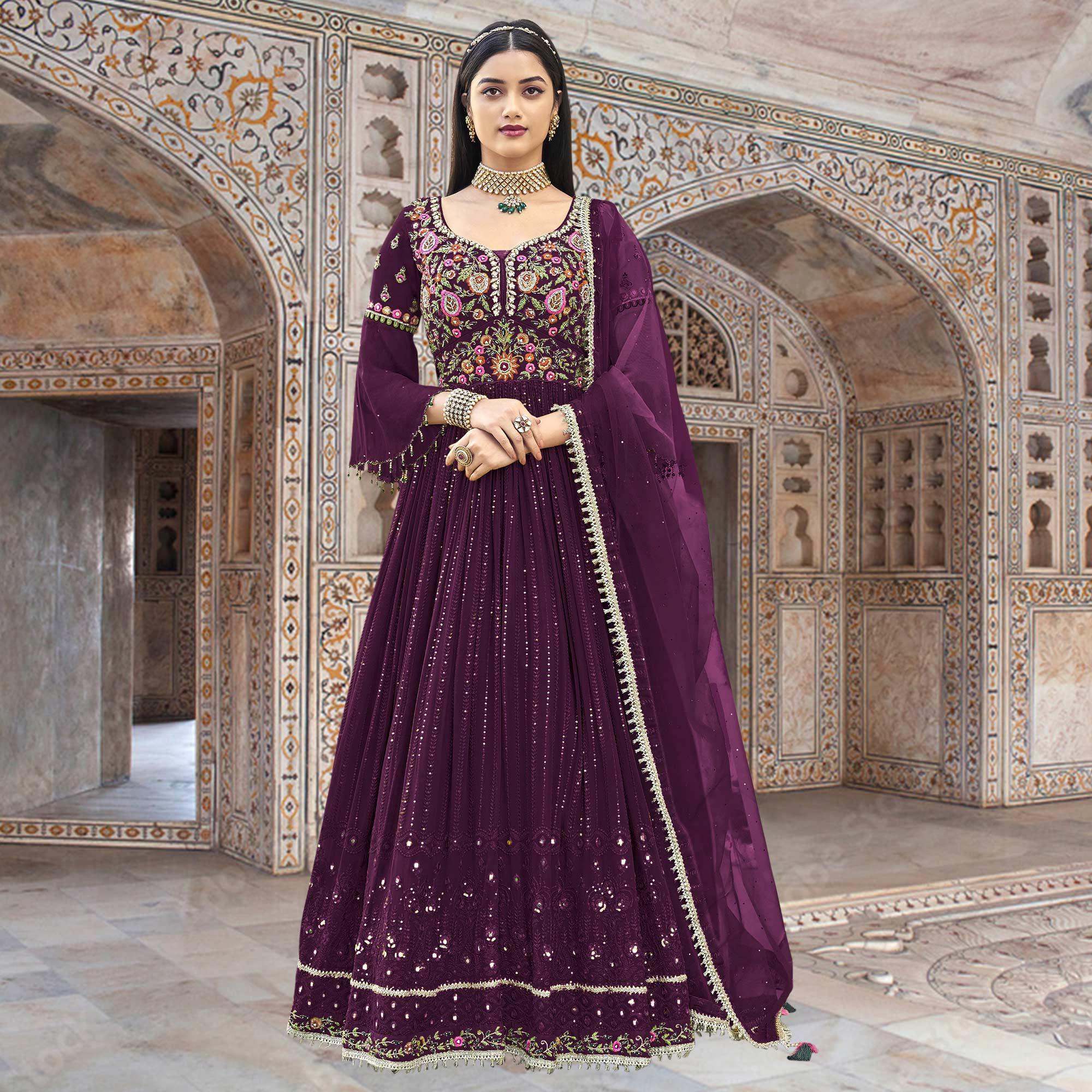 Purple Embroidered With Embellished Georgette Anarkali Style Gown - Peachmode