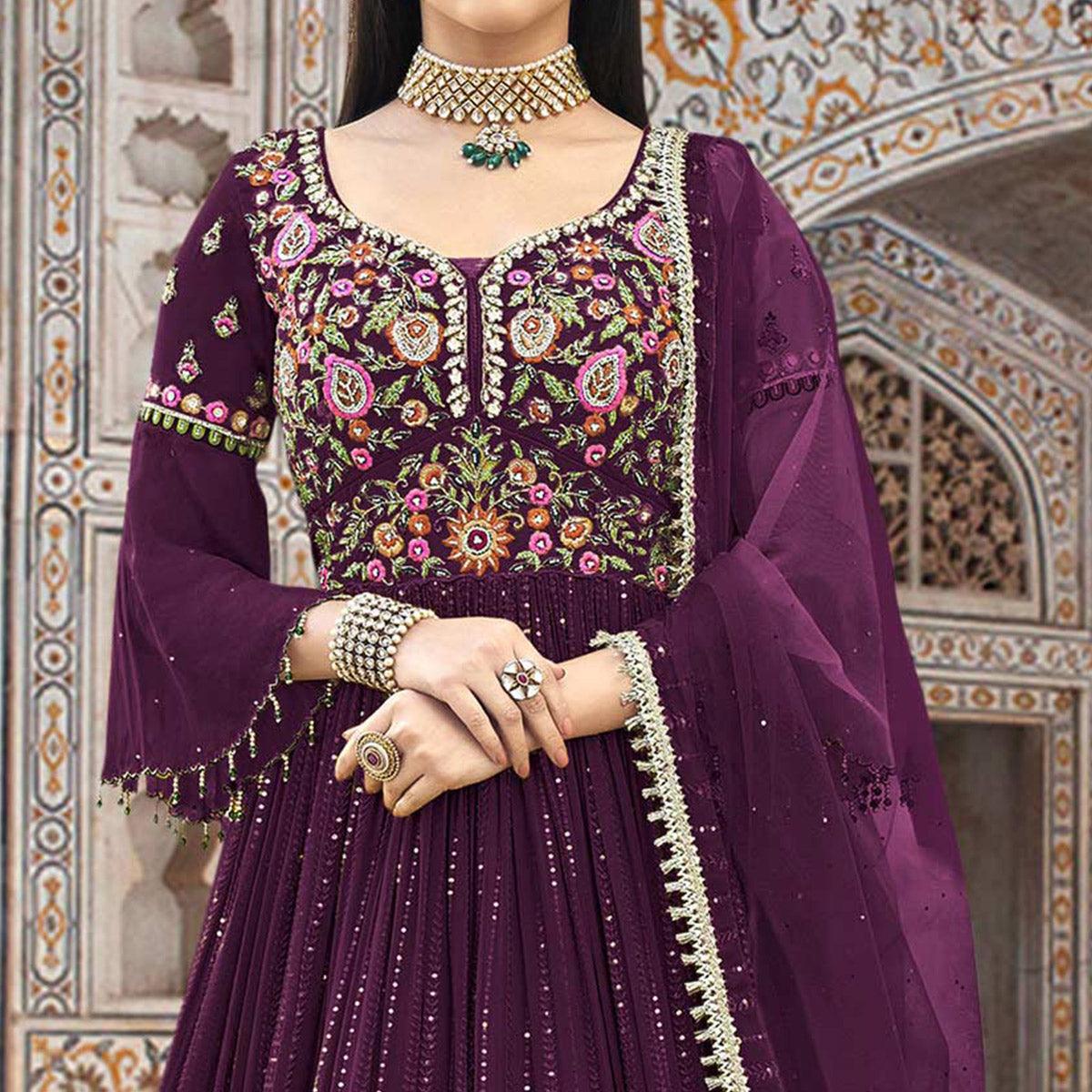 Purple Embroidered With Embellished Georgette Anarkali Style Gown - Peachmode