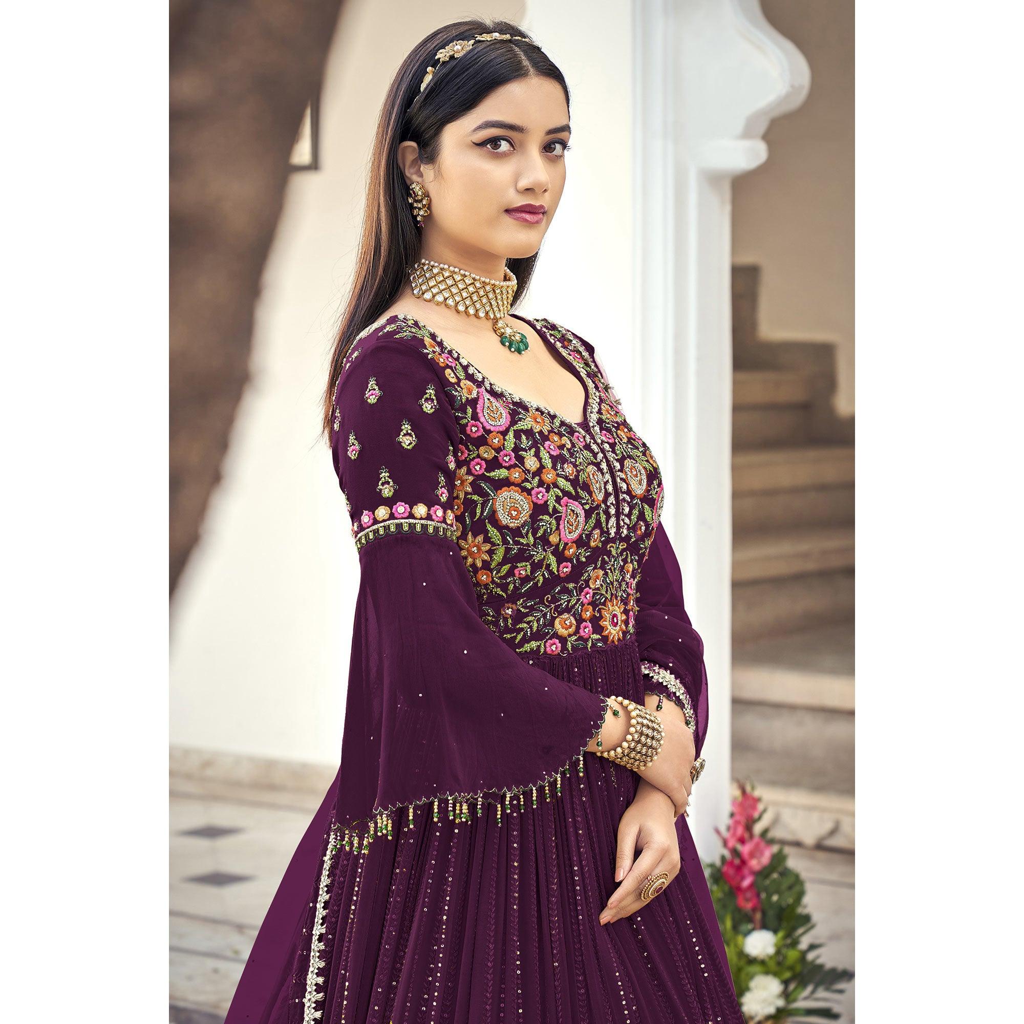 Purple Embroidered With Embellished Georgette Anarkali Style Gown - Peachmode