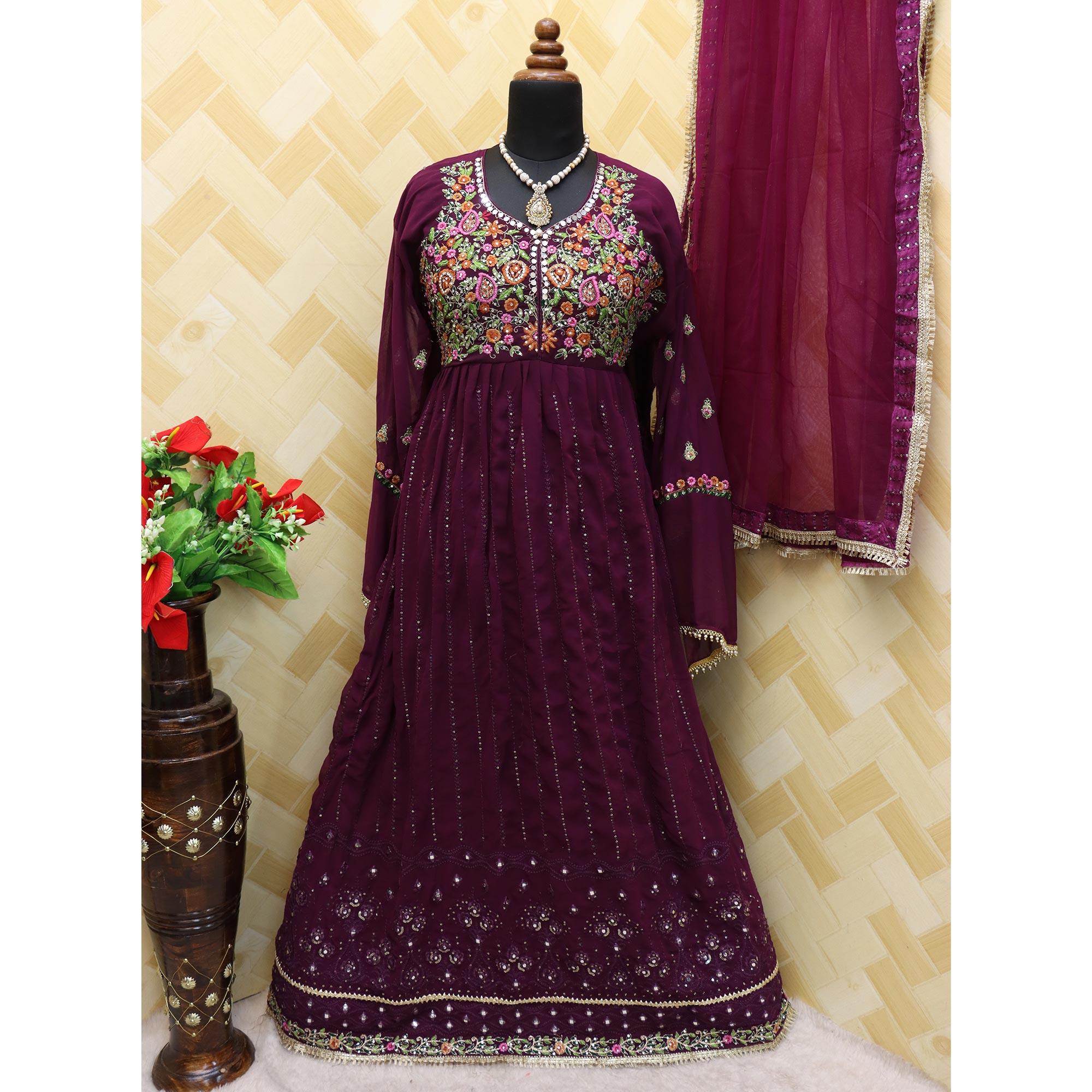 Purple Embroidered With Embellished Georgette Anarkali Style Gown - Peachmode