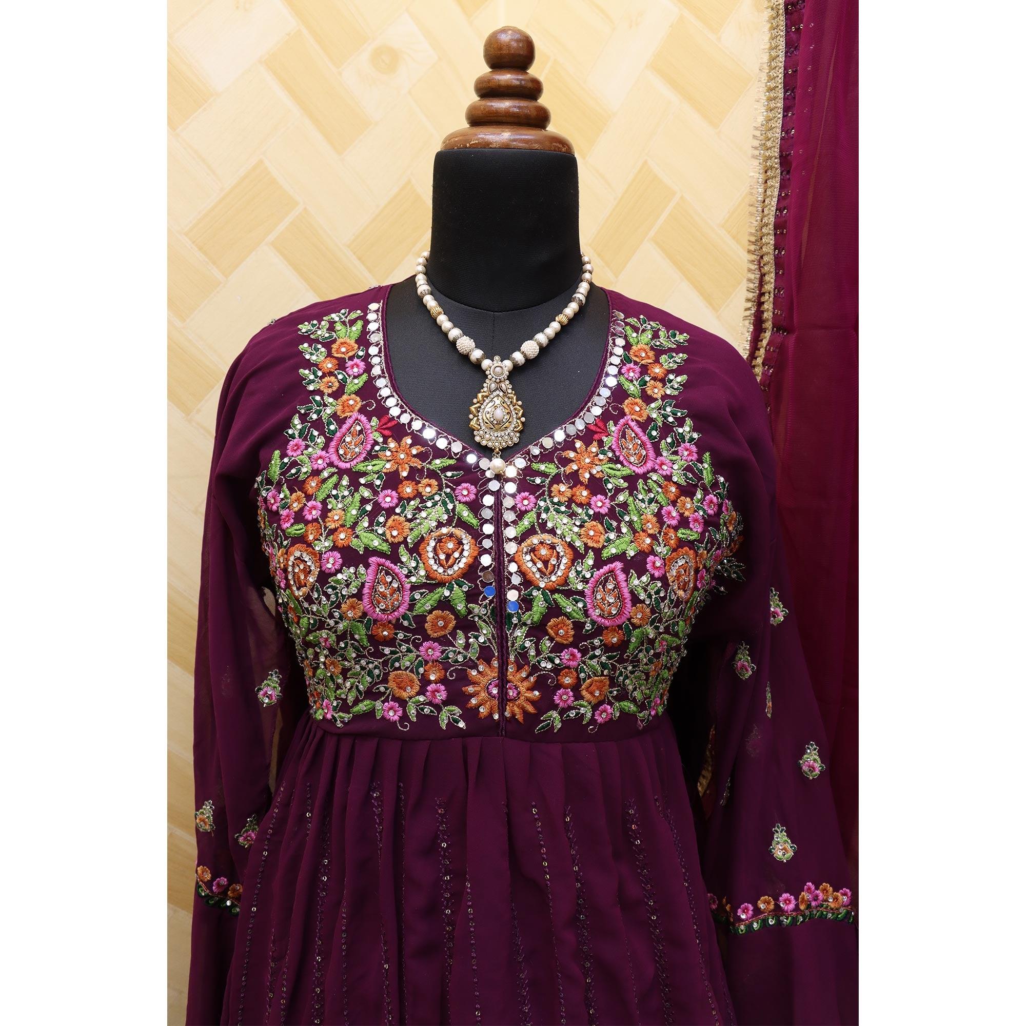 Purple Embroidered With Embellished Georgette Anarkali Style Gown - Peachmode