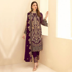 Purple Embroidered With Embellished Georgette Pakistani Suit - Peachmode
