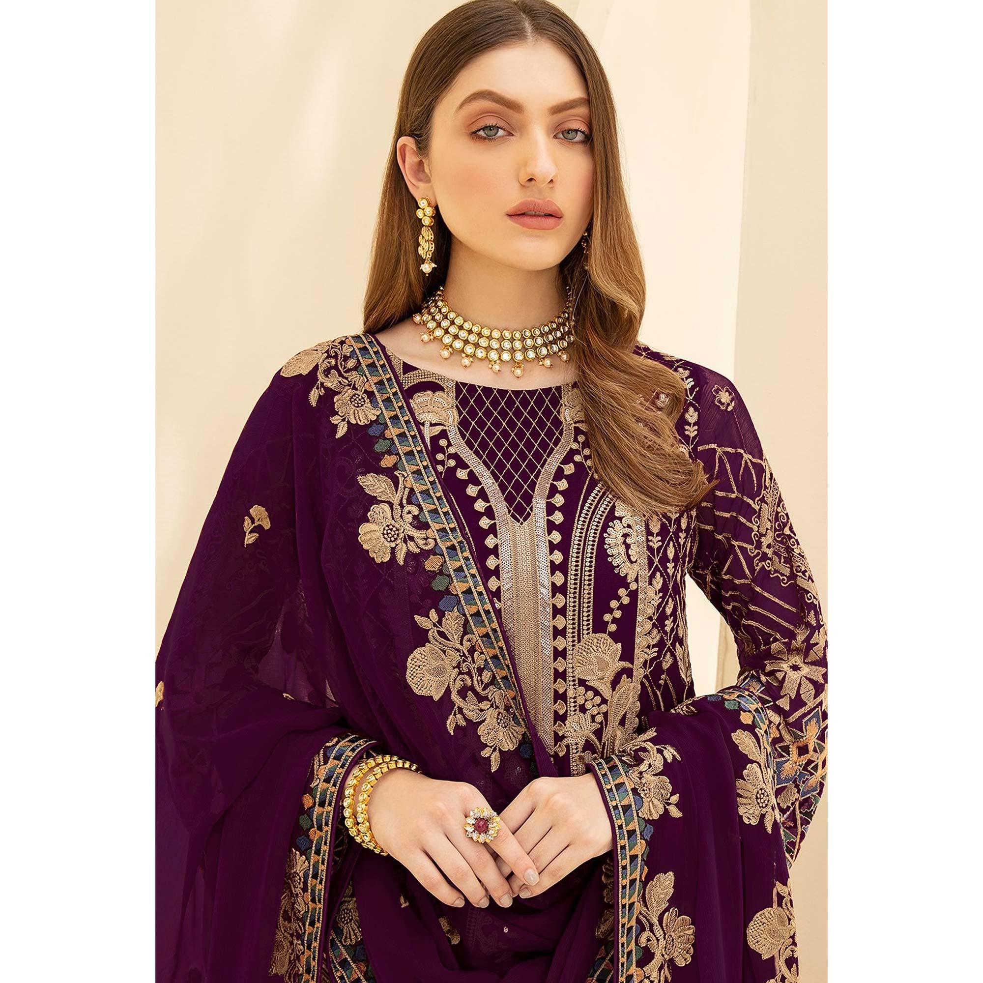 Purple Embroidered With Embellished Georgette Pakistani Suit - Peachmode