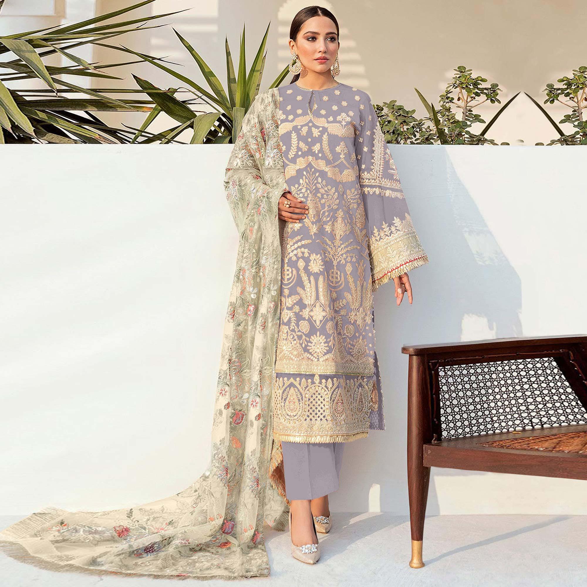 Purple Embroidered With Embellished Georgette Pakistani Suit - Peachmode