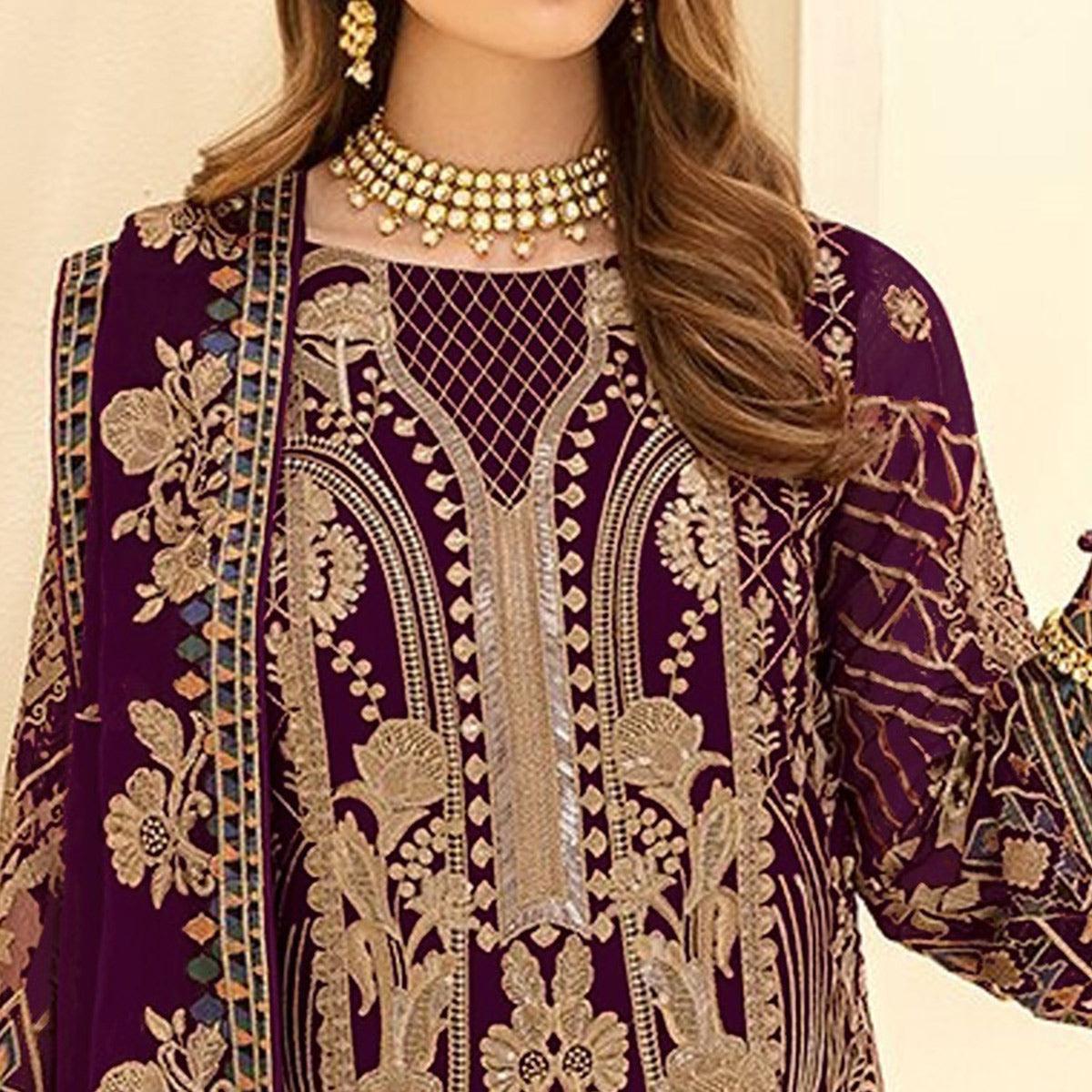 Purple Embroidered With Embellished Georgette Pakistani Suit - Peachmode