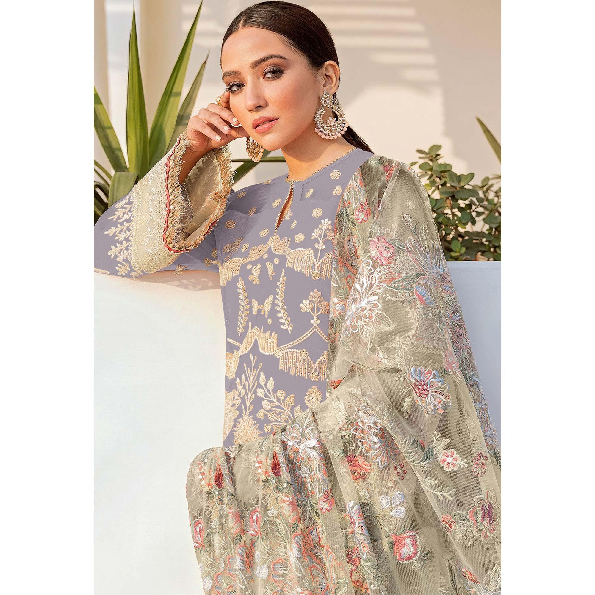 Purple Embroidered With Embellished Georgette Pakistani Suit - Peachmode