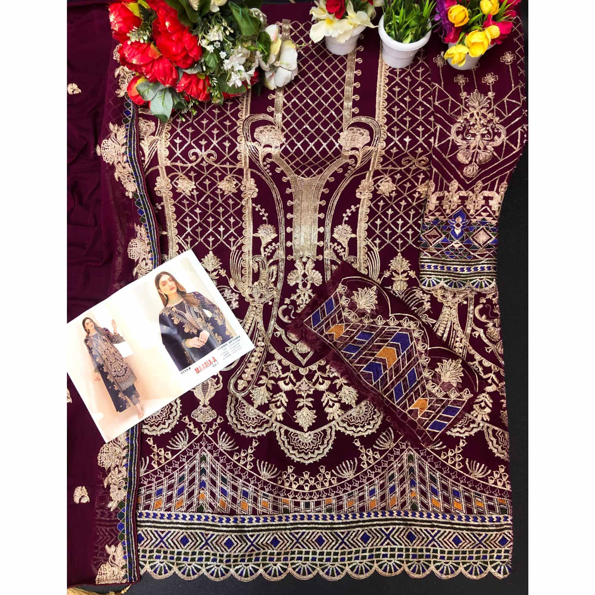 Purple Embroidered With Embellished Georgette Pakistani Suit - Peachmode