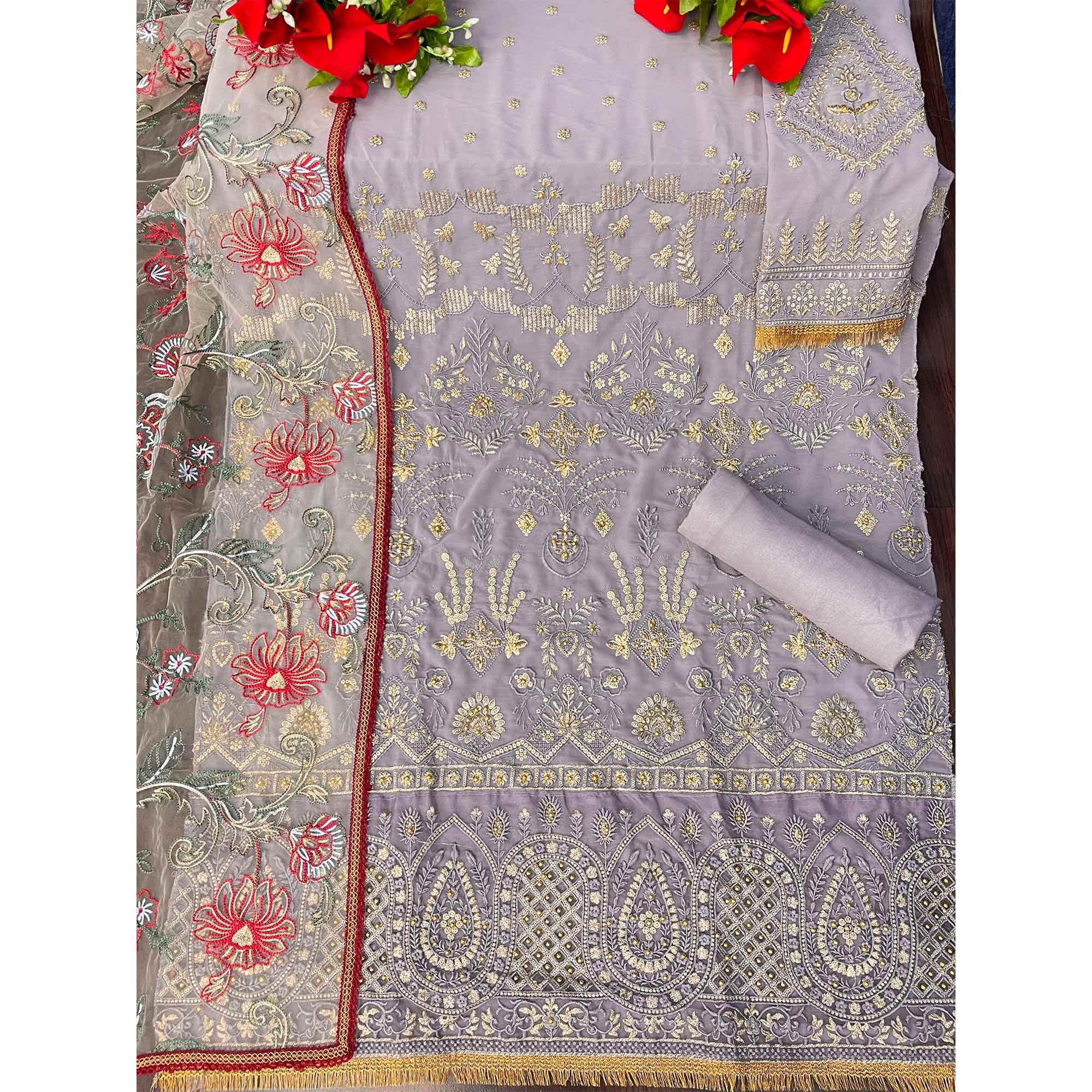 Purple Embroidered With Embellished Georgette Pakistani Suit - Peachmode