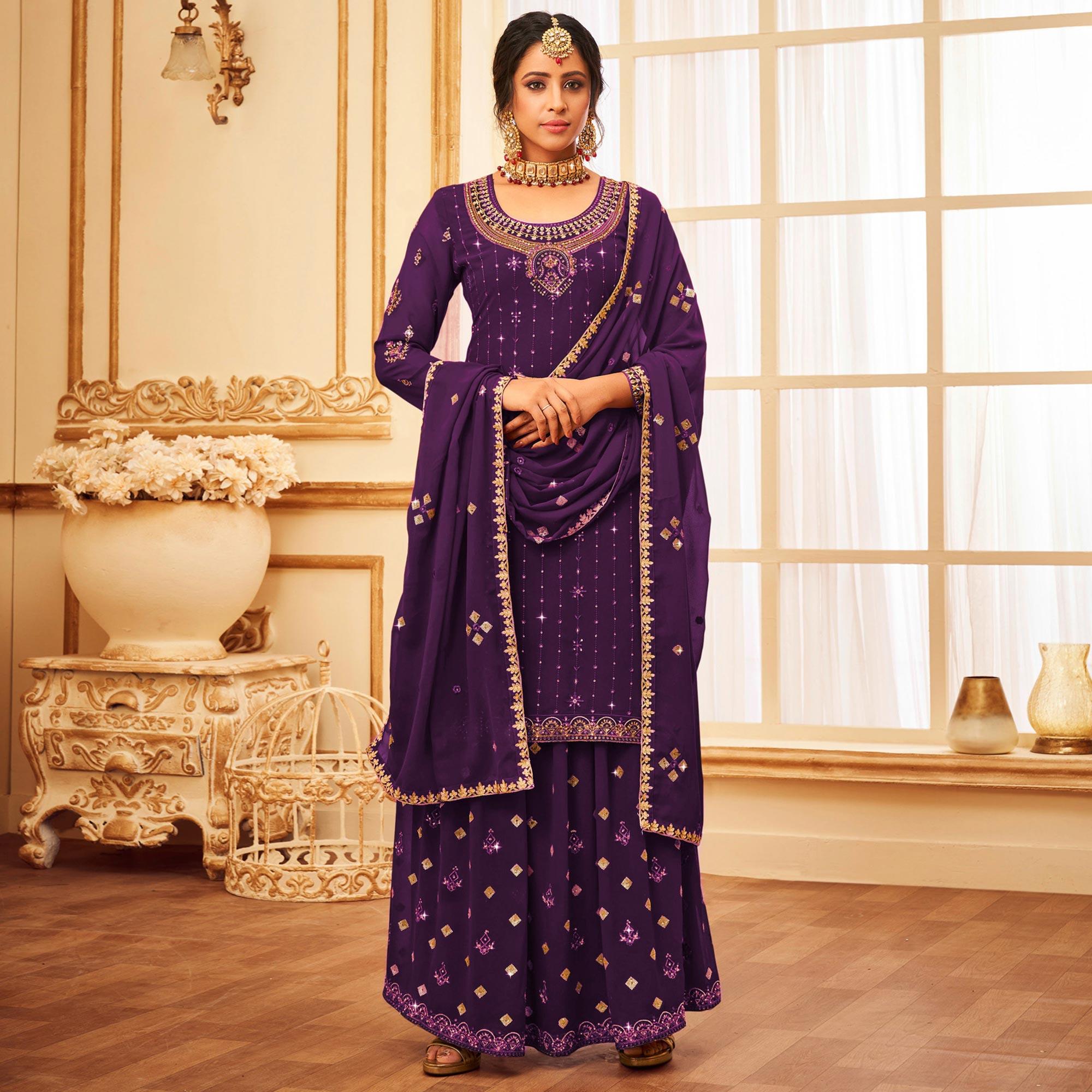 Purple Embroidered With Embellished Georgette Palazzo Suit - Peachmode