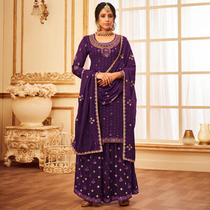 Purple Embroidered With Embellished Georgette Palazzo Suit - Peachmode