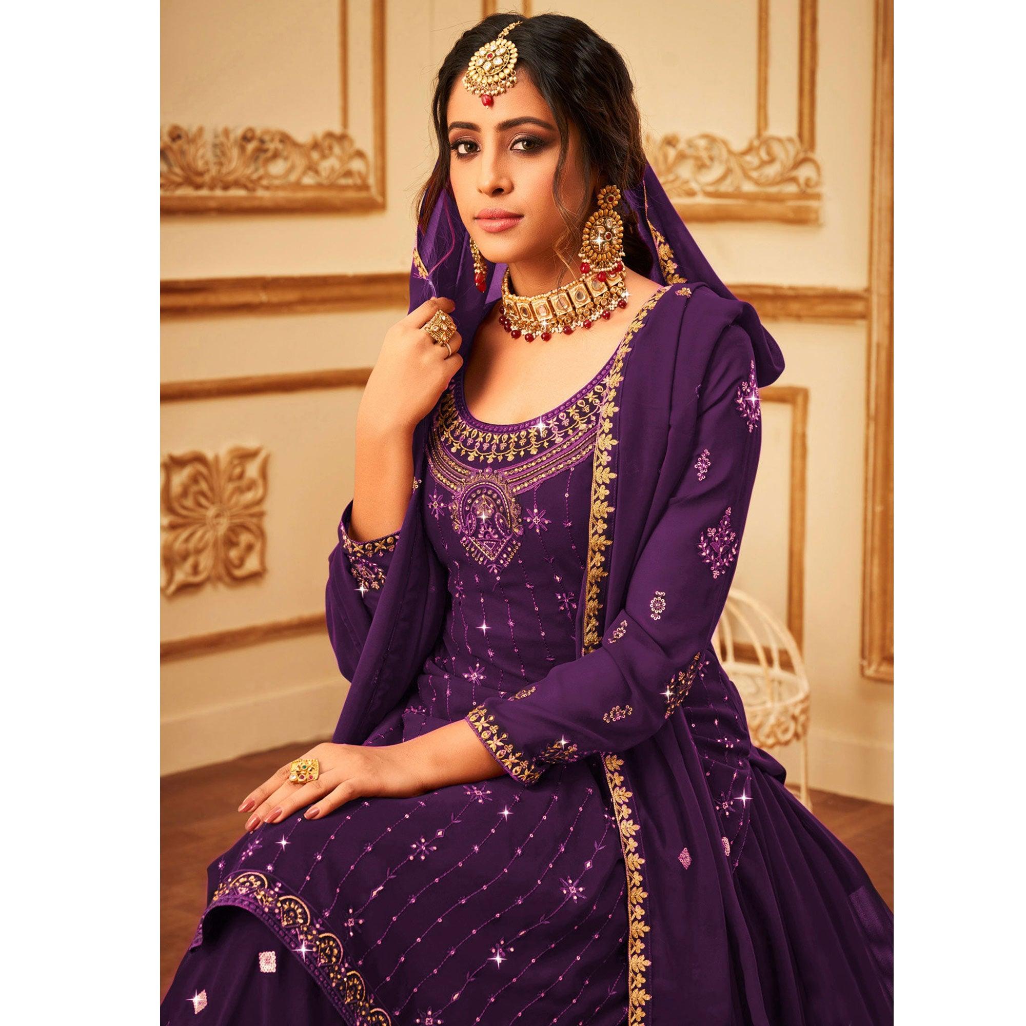 Purple Embroidered With Embellished Georgette Palazzo Suit - Peachmode