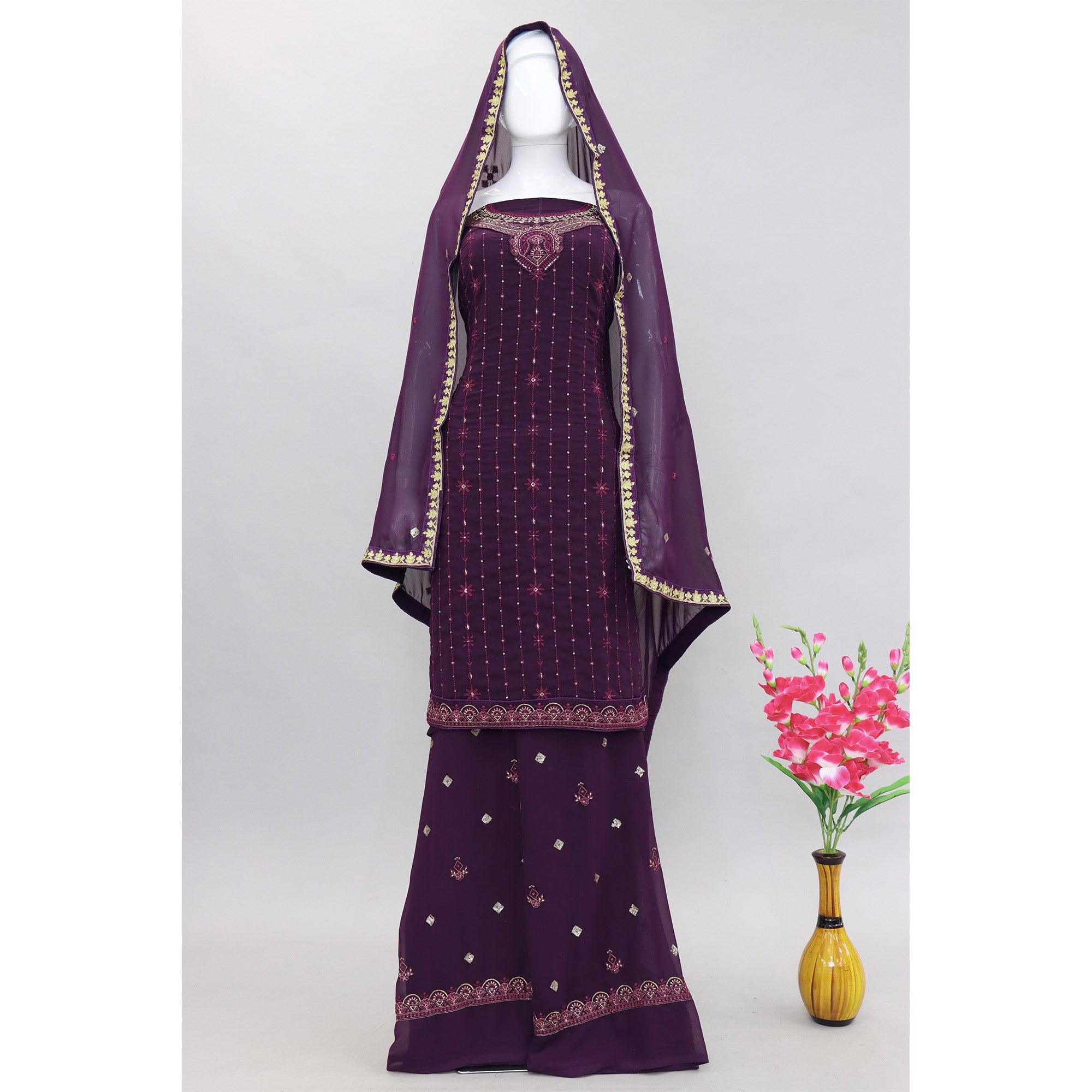 Purple Embroidered With Embellished Georgette Palazzo Suit - Peachmode