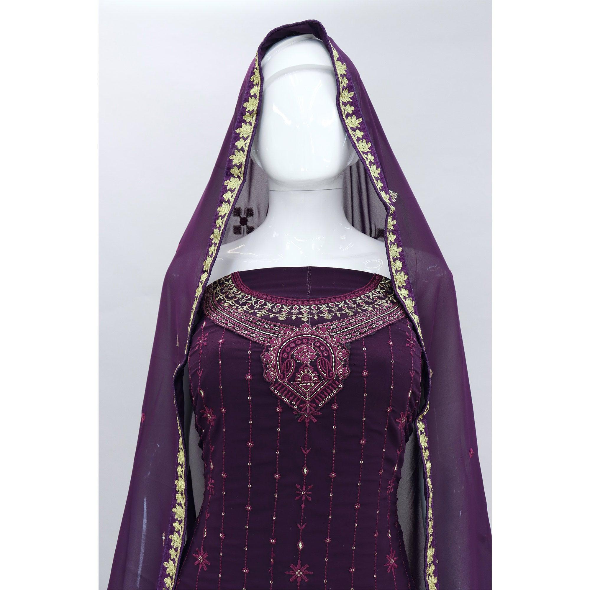 Purple Embroidered With Embellished Georgette Palazzo Suit - Peachmode